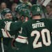 Minnesota Wild left wing Zach Parise (11) was congratulated by his line mates after his second period goal tied the game 1-1. ] JEFF WHEELER &#x2022; 