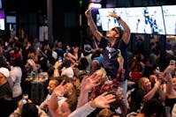 The Timberwolves announced fan events in downtown Minneapolis for the Western Conference Finals. Wolves fans, shown here at a watch party on May 19, w