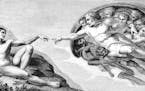 A drawing of Michelangelo's The Creation of Man from the ceiling of the Sistine Chapel at the Vatican, Rome, Italy, from a Victorian book dated 1879 t