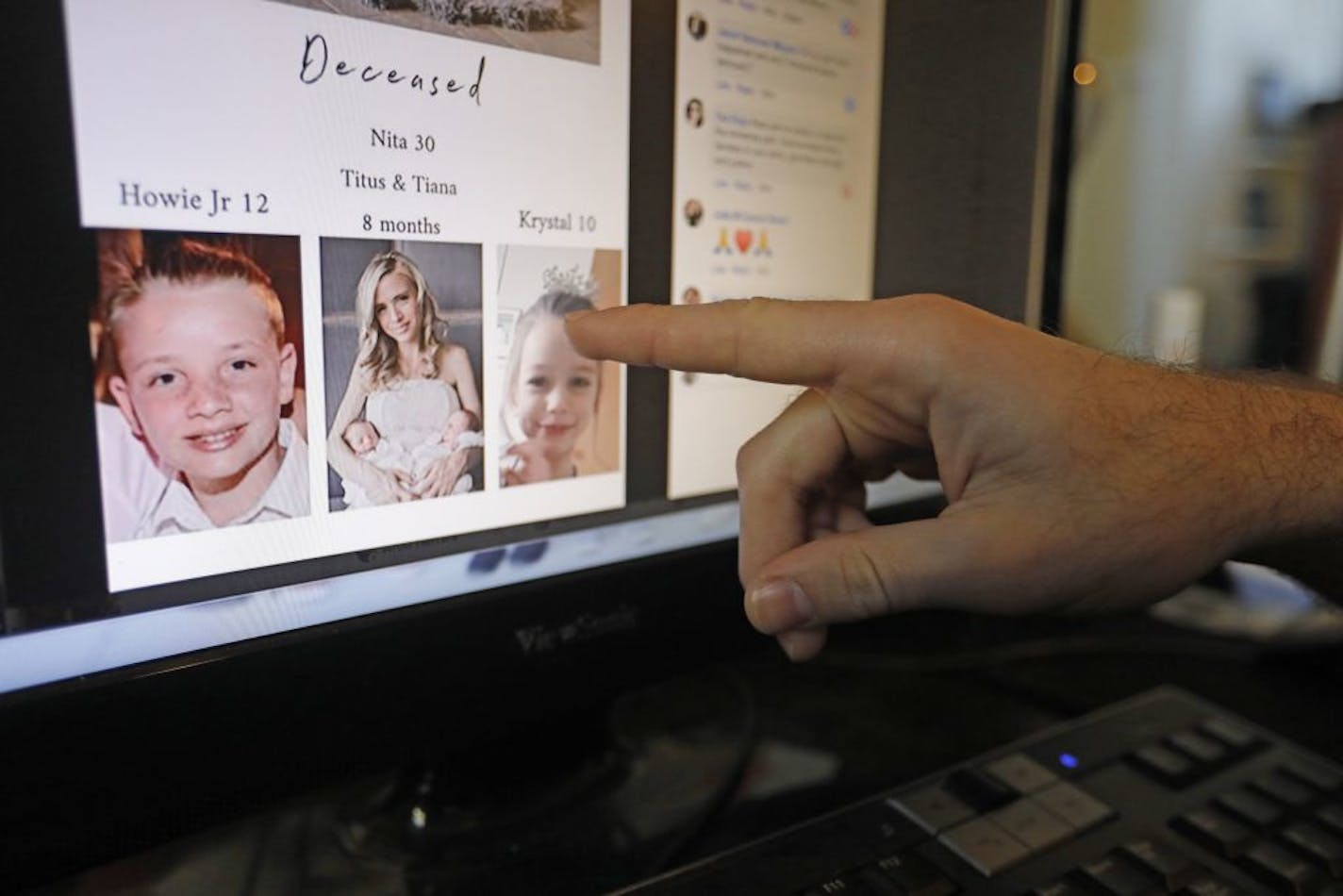 Austin Cloes points to a photo of relatives Rhonita Miller and her family, who were killed in Mexico, on a computer screen Tuesday, Nov. 5, 2019, in Herriman, Utah. Drug cartel gunmen ambushed three SUVs along a dirt road, slaughtering at least six children and three women all of them U.S. citizens living in northern Mexico in a grisly attack that left one vehicle a burned-out, bullet-riddled hulk, authorities said Tuesday, Nov. 5, 2019.