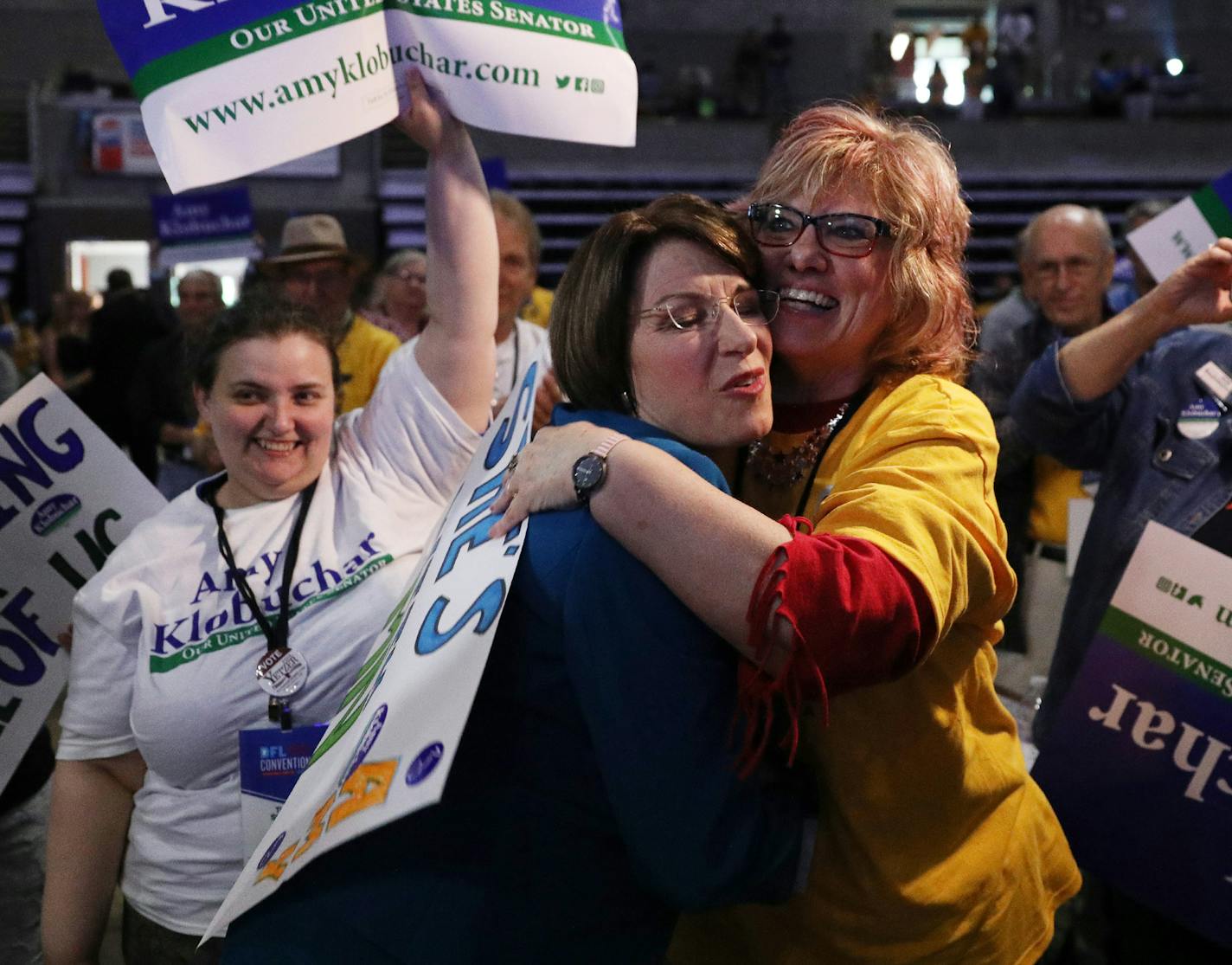 U.S. Sen. Amy Klobuchar was greeted by supporter Kathy Hegstrom as she entered the convention hall after securing the party's endorsement during the DFL State Convention Friday. ] ANTHONY SOUFFLE &#xef; anthony.souffle@startribune.com Democrats from around the state gathered for the DFL State Convention to choose their party's nominees Friday, June 1, 2018 at the Mayo Civic Center in Rochester, Minn.