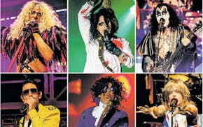Top row, left to right: Hairball's Kris Vox as Dee Snider of Twisted Sister, Bobby Jensen as Alice Cooper and as Gene Simmons of Kiss. Bottom row: Vox
