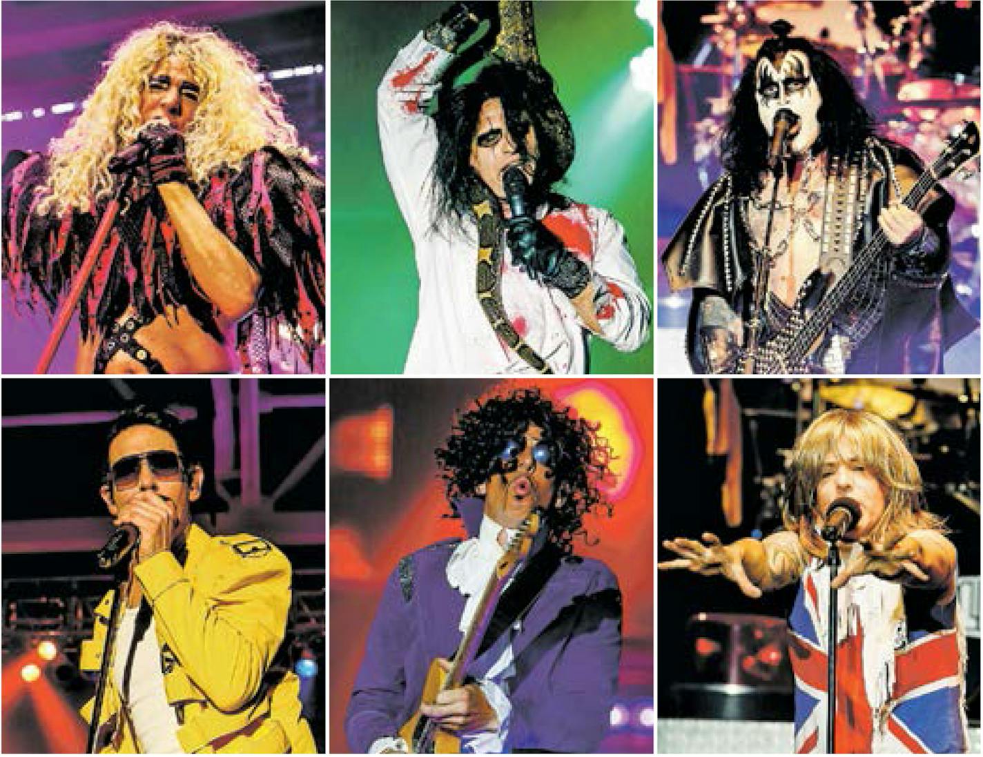 Top row, left to right: Hairball's Kris Vox as Dee Snider of Twisted Sister, Bobby Jensen as Alice Cooper and as Gene Simmons of Kiss. Bottom row: Vox as Freddie Mercury, Prince and Joe Elliott of Def Leppard.