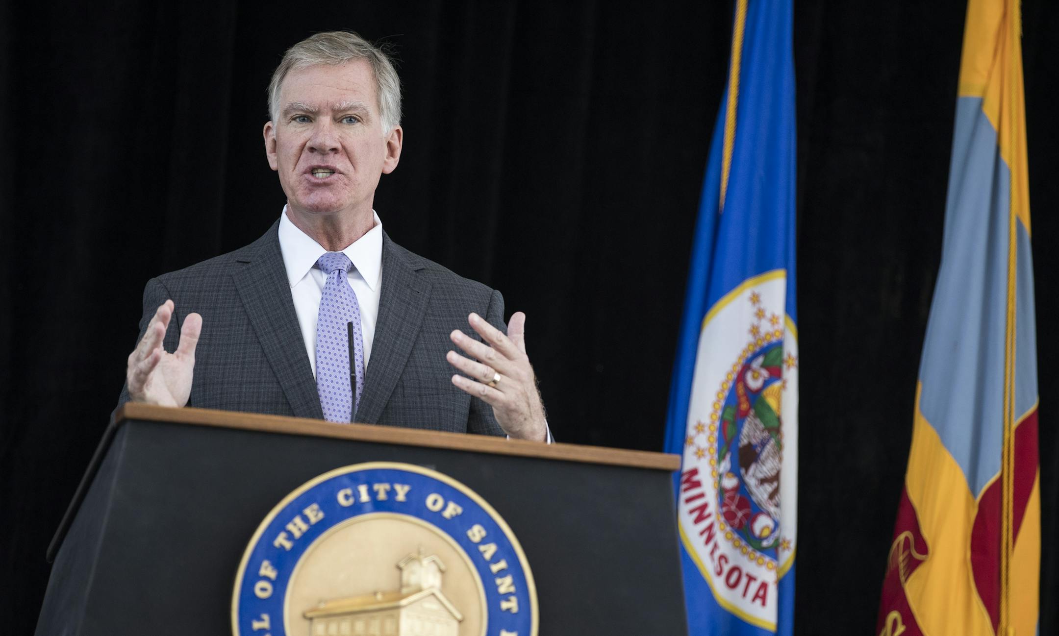 St. Paul Mayor Chris Coleman gives his budget address. ] (Leila Navidi/Star Tribune) leila.navidi@startribune.com BACKGROUND INFORMATION: St. Paul Mayor Chris Coleman delivers his annual budget address at Metropolitan State University in St. Paul on Tuesday, August 9, 2016.