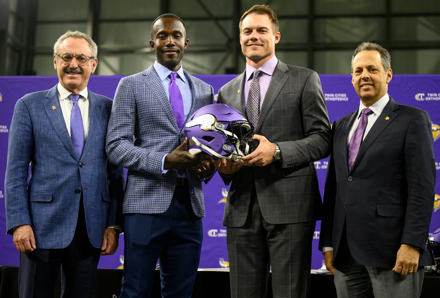 From left, Vikings co-owner Zygi WIlf, general manager Kwesi Adofo-Mensah, head coach Kevin O'Connell and co-owner Mark Wilf pose for a photo before a press conference introducing O'Connell as head coach Thursday, Feb. 17, 2022 at the TCO Performance Center in Eagan, Minn. ] AARON LAVINSKY • aaron.lavinsky@startribune.com