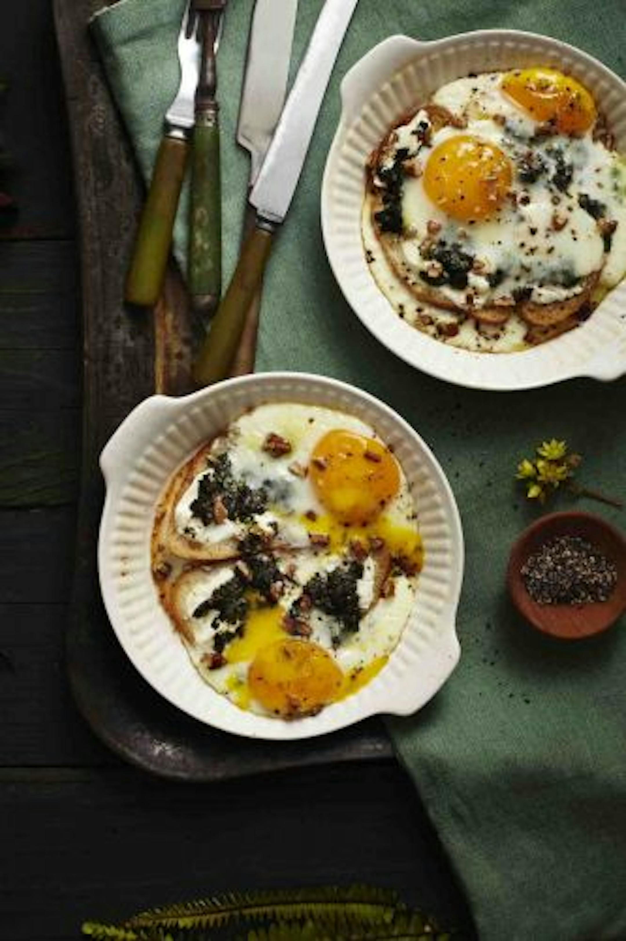 Baked Eggs With Basil-Mint Pesto is an easy dish to make for guests.