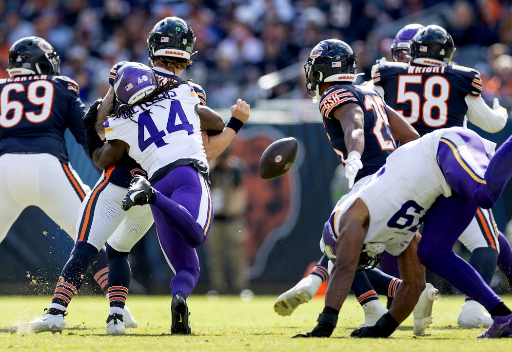 Vikings safety Josh Metellus leads all NFL defensive backs with 45 pass rush snaps this season, including this strip sack of Bears quarterback Tyson Bagent last week. 