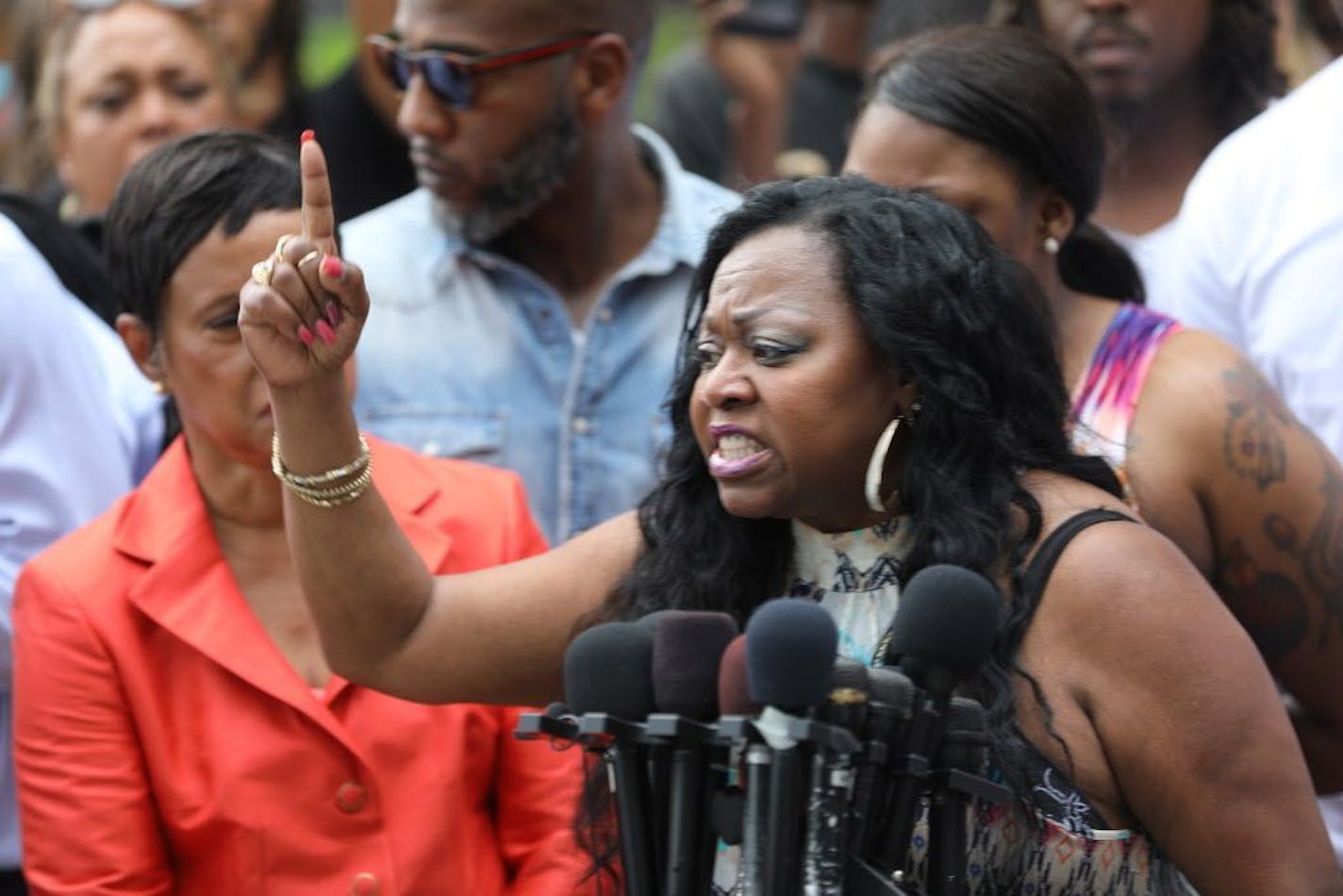 Valerie Castile, mother of Philando Castile, reacts angrily outside the Ramsey County Courthouse in St. Paul in June after officer Jeronimo Yanez was acquitted in her son's killing.