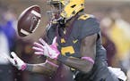 Minnesota's wide receiver Tyler Johnson bobbled the ball before regaining control and running it in for a touchdown during the fourth quarter as the G