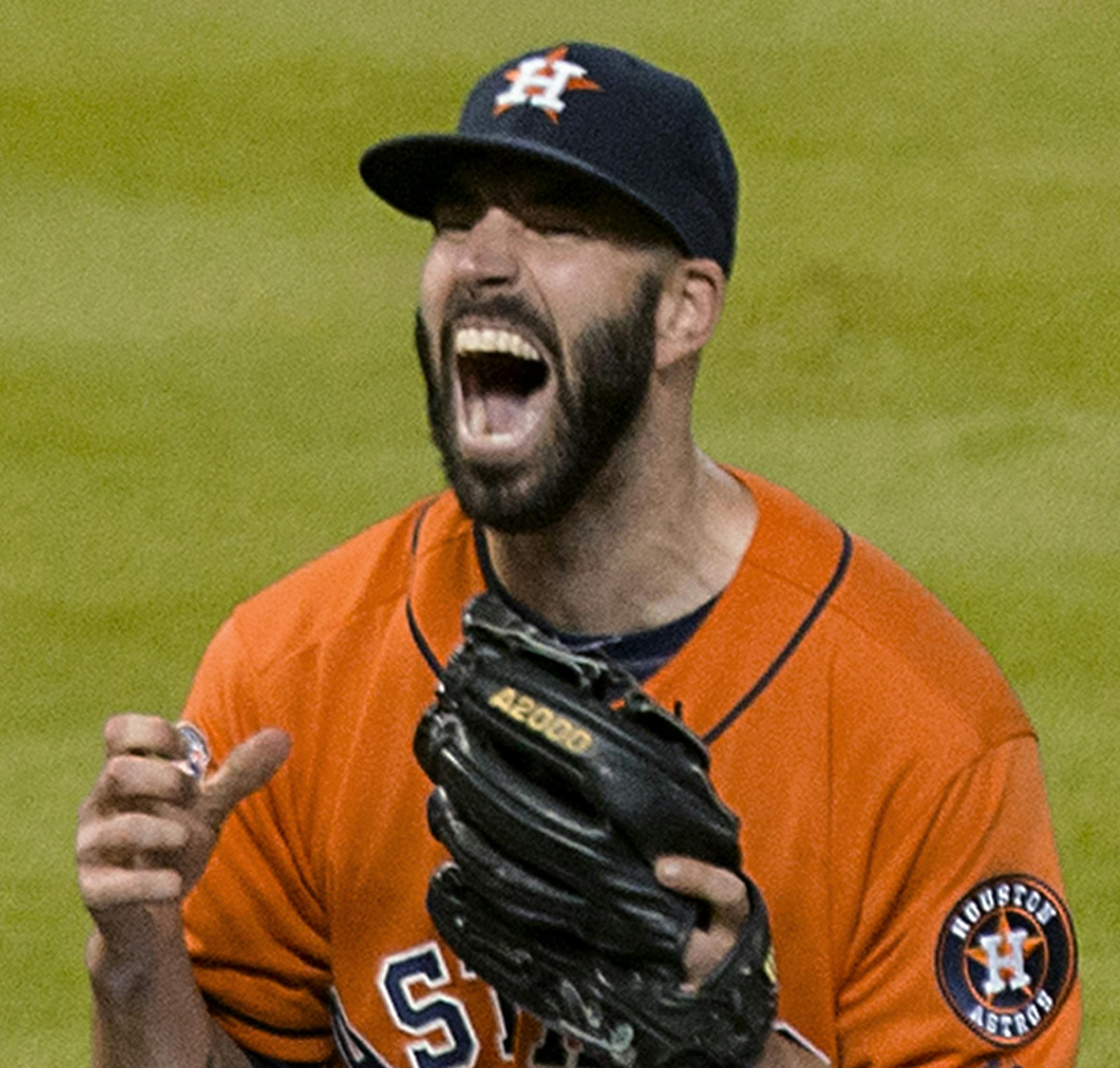 Houston Astros pitcher Mike Fiers reacts after throwing a no-hitter in a baseball game against the Los Angeles Dodgers, Friday, Aug. 21, 2015, in Houston. The Astros won 3-0. (Brett Coomer/Houston Chronicle via AP) ORG XMIT: MIN2015083119043252