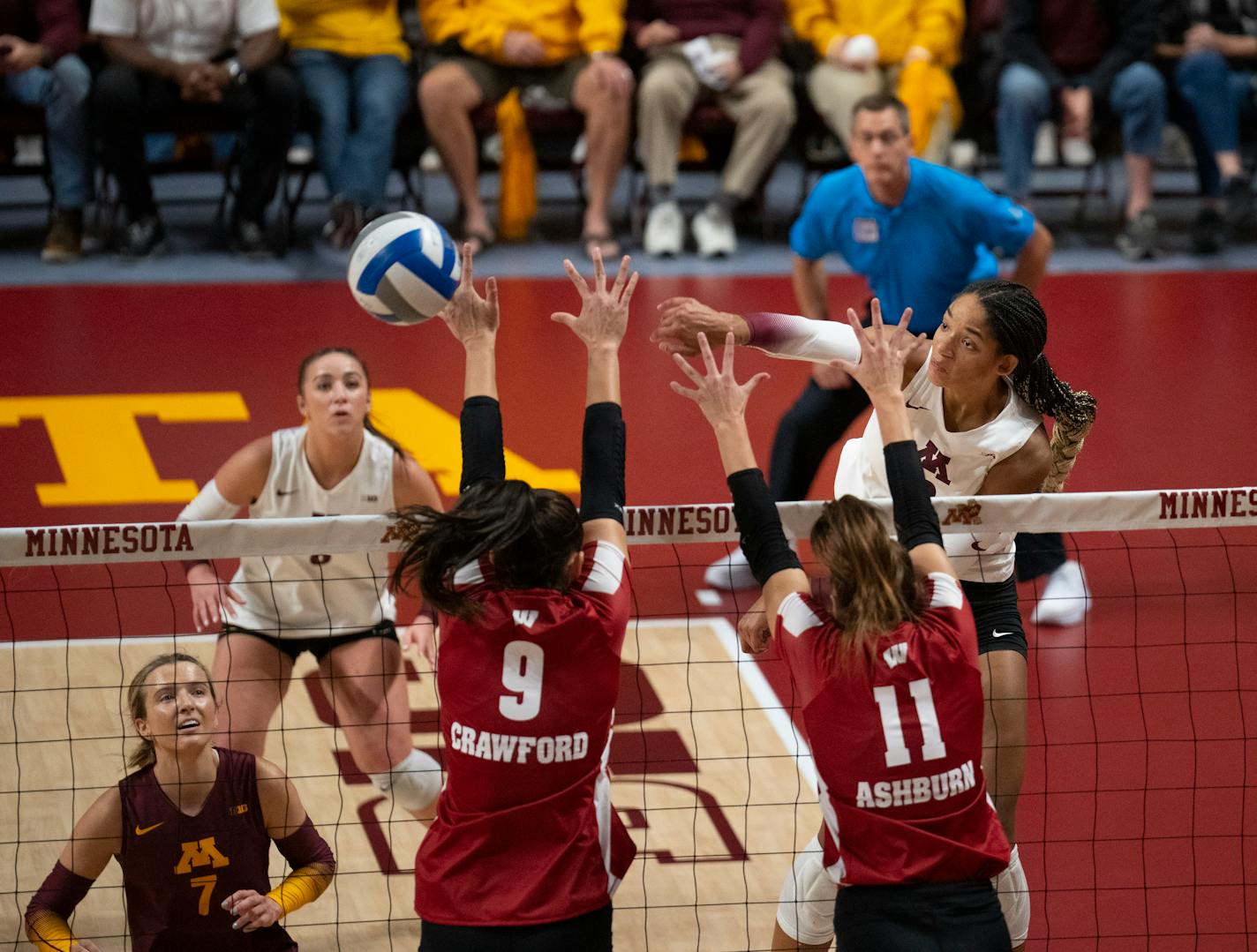 The Gophers' Taylor Landfair (12) with a spike late in the third game Sunday night, September 25, 2022 at the Maturi Pavilion in Minneapolis. The University of Minnesota women's volleyball team defeated the University of Wisconsin in three straight games. ] JEFF WHEELER • Jeff.Wheeler@startribune.com