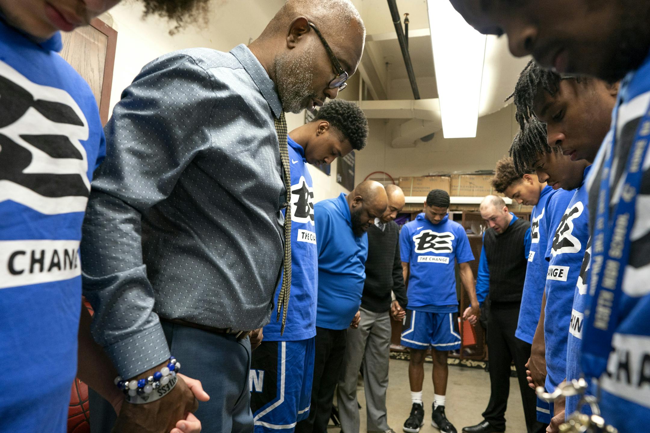 North High coach Larry McKenzie lead his team in prayers before a game against Southwest at North High School Tuesday February 12, 2019 in Minneapolis, MN.] Jerry Holt • Jerry.holt@startribune.com