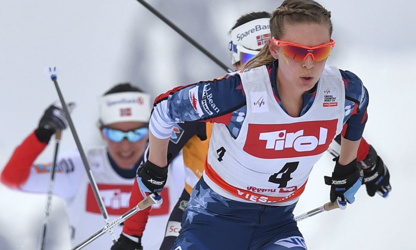 United States's winner Jessica&#x2020; Diggins, front, in action during the Ladies' 10 km Cross Country World Cup competition in Seefeld, Austria, Sunday, Jan. 28, 2018. (AP Photo/Kerstin Joensson) ORG XMIT: XKJ117