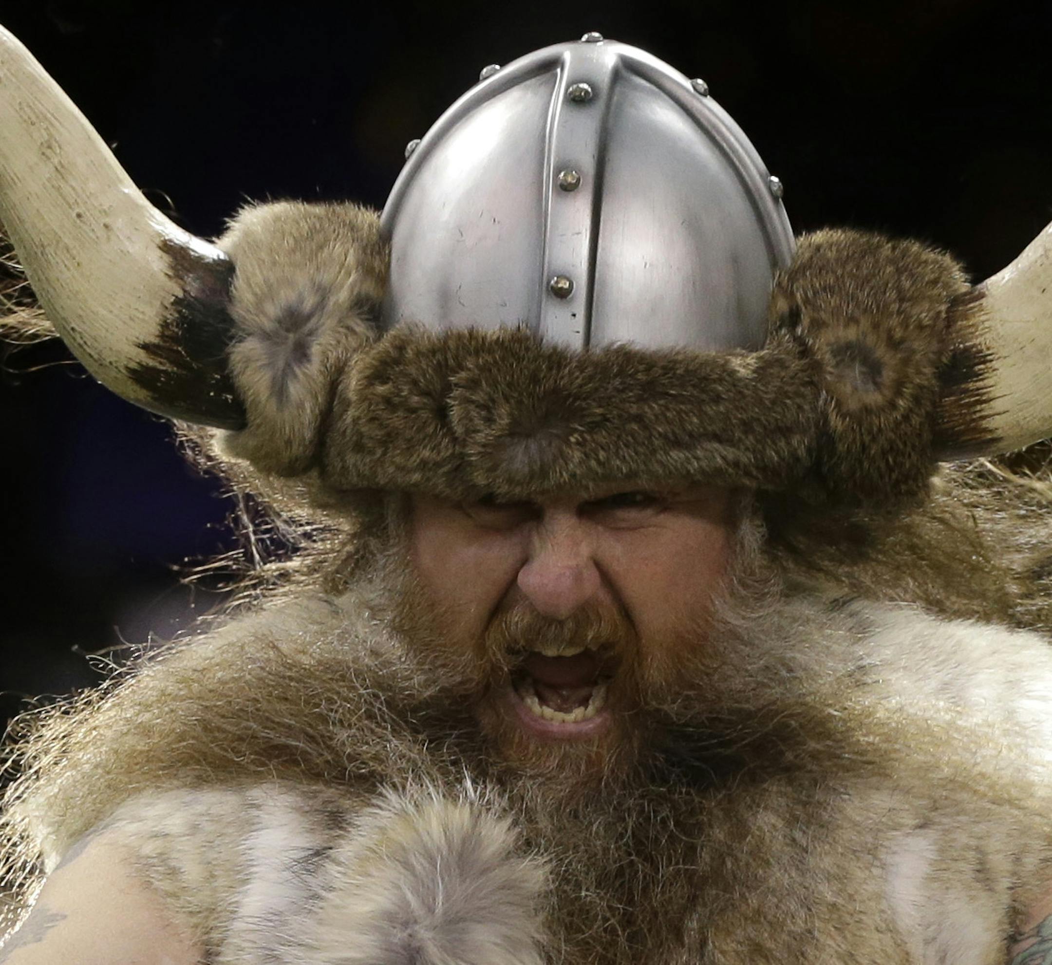 FILE - In this Nov. 11, 2012, file photo, Minnesota Vikings mascot Ragnar the Viking rides onto the field before an NFL football game between the Vikings and the Detroit Lions in Minneapolis. The Vikings said Monday, Sept. 21, 2015, their contract with Joe Juranitch, the man who played Ragnar, expired during the offseason. The team says it has had "multiple conversations" with Juranitch but has not been able to reach an agreement on his role with the Vikings. (AP Photo/Charlie Neibergall, File)