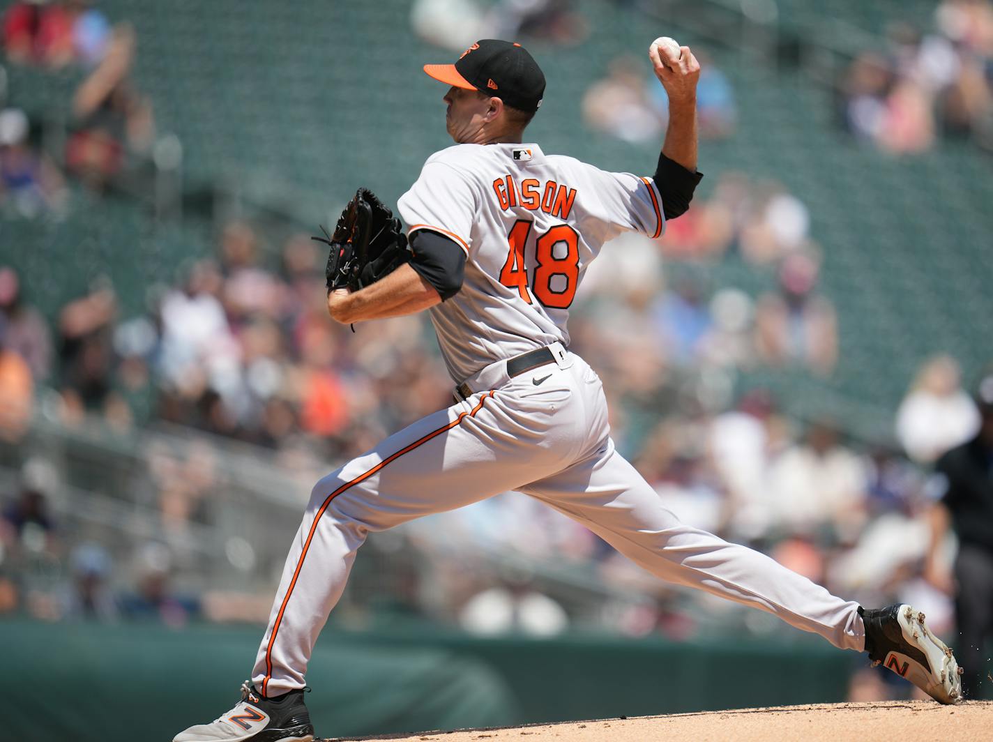 Baltimore Orioles starting pitcher Kyle Gibson (48) winds up against the Twins in Minneapolis, Minn., on Sunday, July 9, 2023. Twins take on the Orioles at Target Field.] RICHARD TSONG-TAATARII • richard.tsong-taatarii @startribune.com