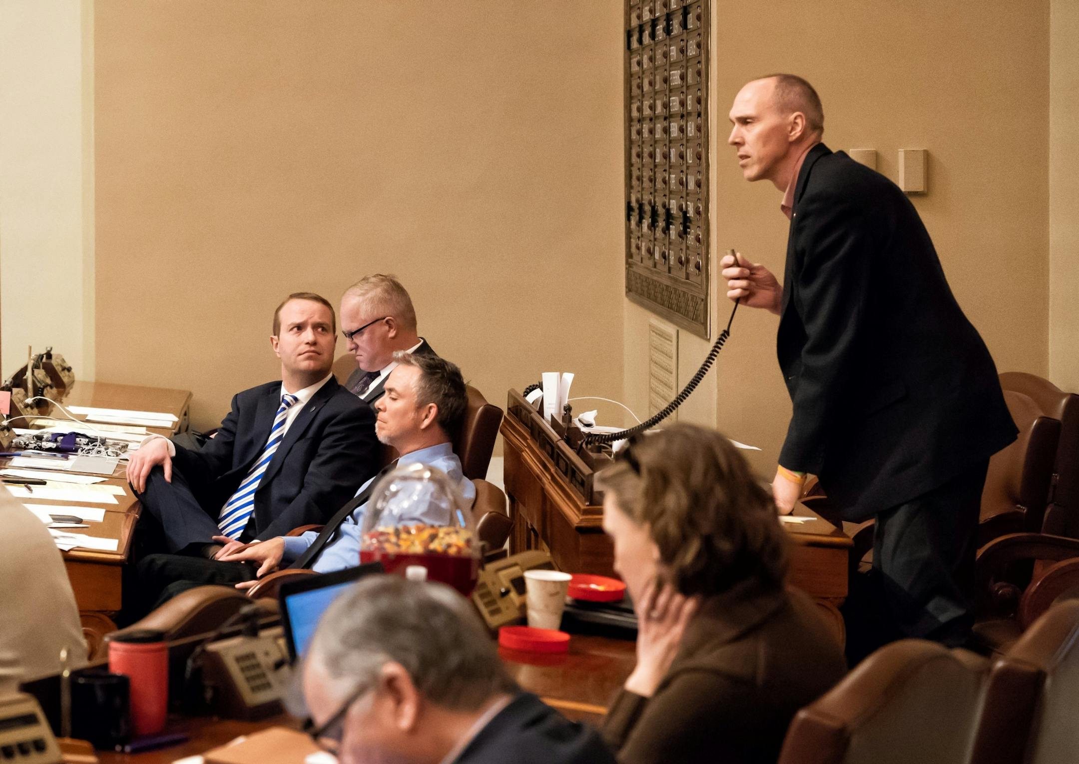 Rep. Nick Zerwas, R-Elk River, watched as Republican Rep. Rod Hamilton, R-Mountain Lake said he would vote against his bill.
