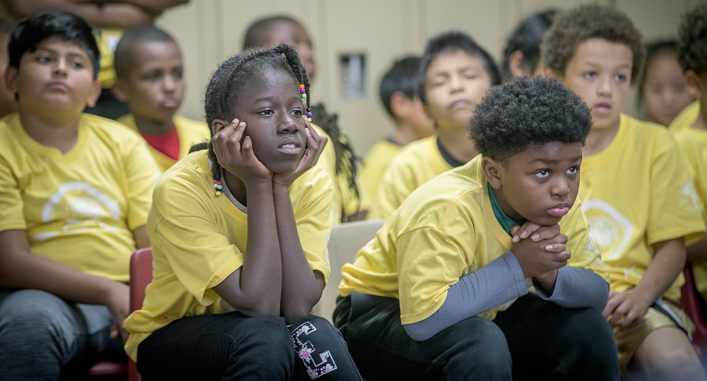 Students listened and waited their turn for an artistic design competition during the STEM (science, technology, engineering and math) camp at Earle Brown Elementary school, Friday, July 20, 2018 in Brooklyn Center, MN. ] ELIZABETH FLORES &#xef; eflores@startribune.com