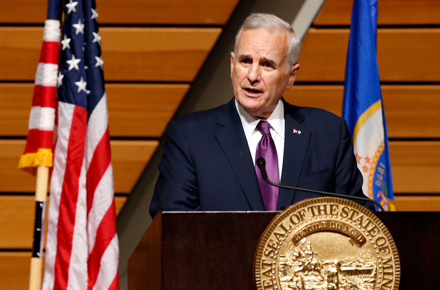 FILE - In this March 9, 2016, file photo, Minnesota Democratic Gov. Mark Dayton delivers his State of the State address at the University of Minnesota in Minneapolis. Dayton said Wednesday, Oct. 12, 2016, that the Affordable Care Act is "no longer affordable," a stinging critique from a state leader who embraced the law just a few years ago. (AP Photo/Jim Mone, File)