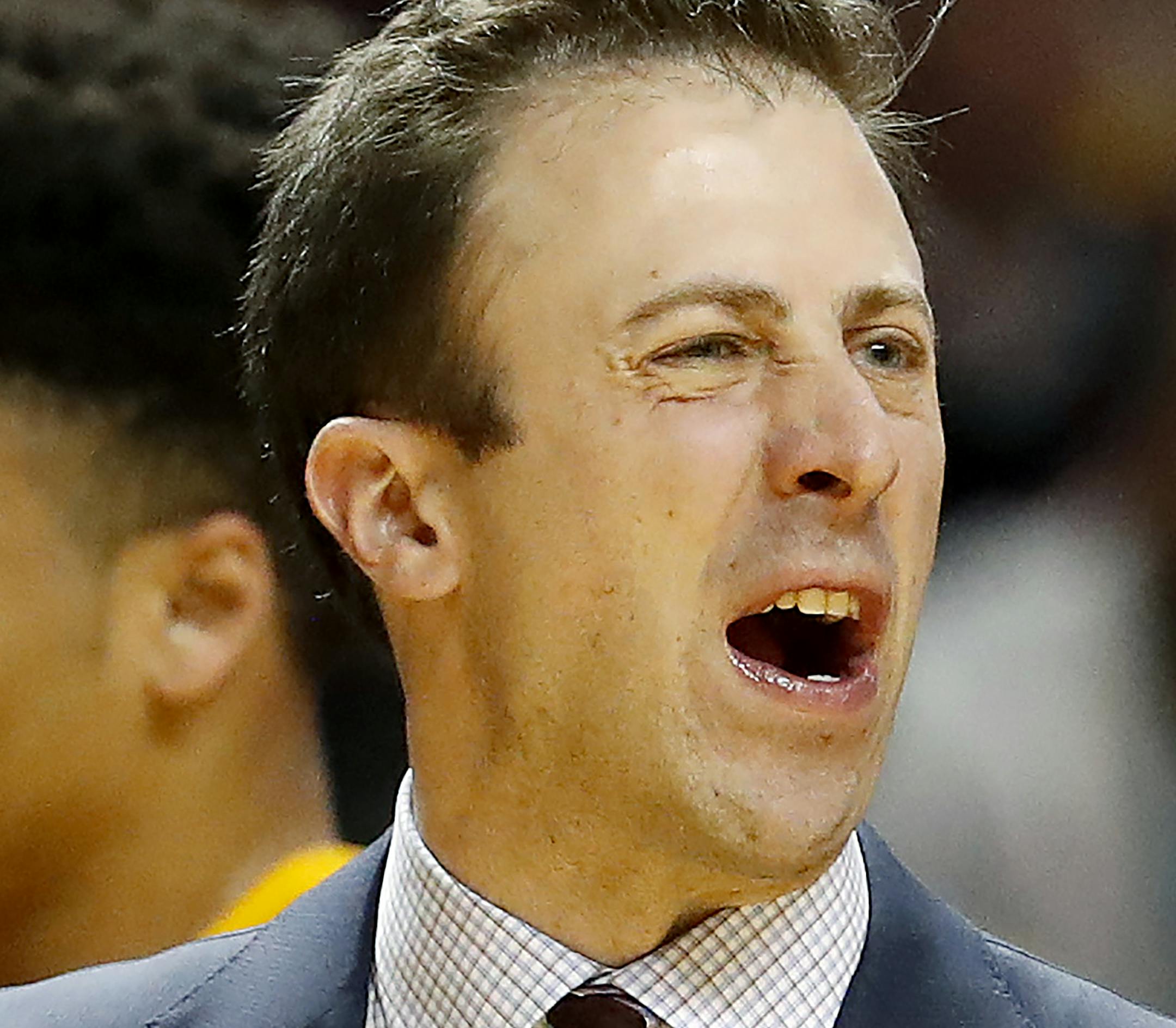 Minnesota head coach Richard Pitino reacts to a call in the second half of an NCAA college basketball game against Michigan, Sunday, Feb. 19, 2017, Minneapolis. (Carlos Gonzalez/Star Tribune via AP)