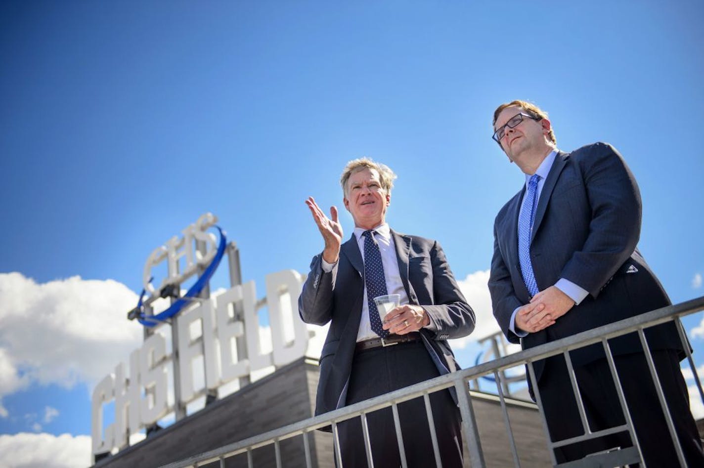 St. Paul Mayor Chris Coleman, left, and MLS president and deputy commissioner Mark Abbott looked out over CHS Field. They were discussing St. Paul's bid to land an MLS team and build a stadium on the corner of Snelling and University avenues.