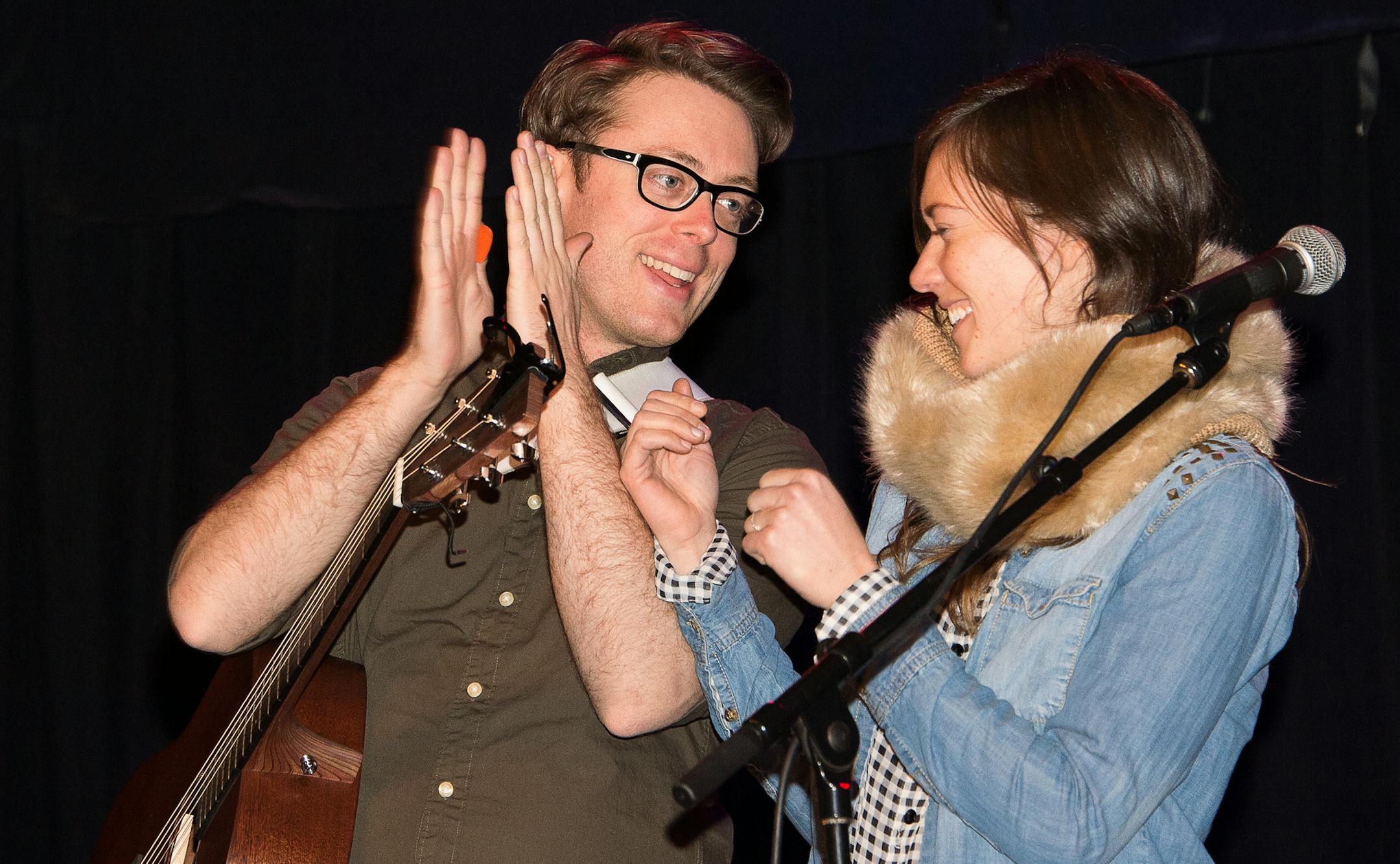 Jeremy Messersmith jokes with keyboardist Sarah Elhardt Perbix during sound check at the High Noon Saloon in Madison, Wisconsin on Thursday, February 13, 2014