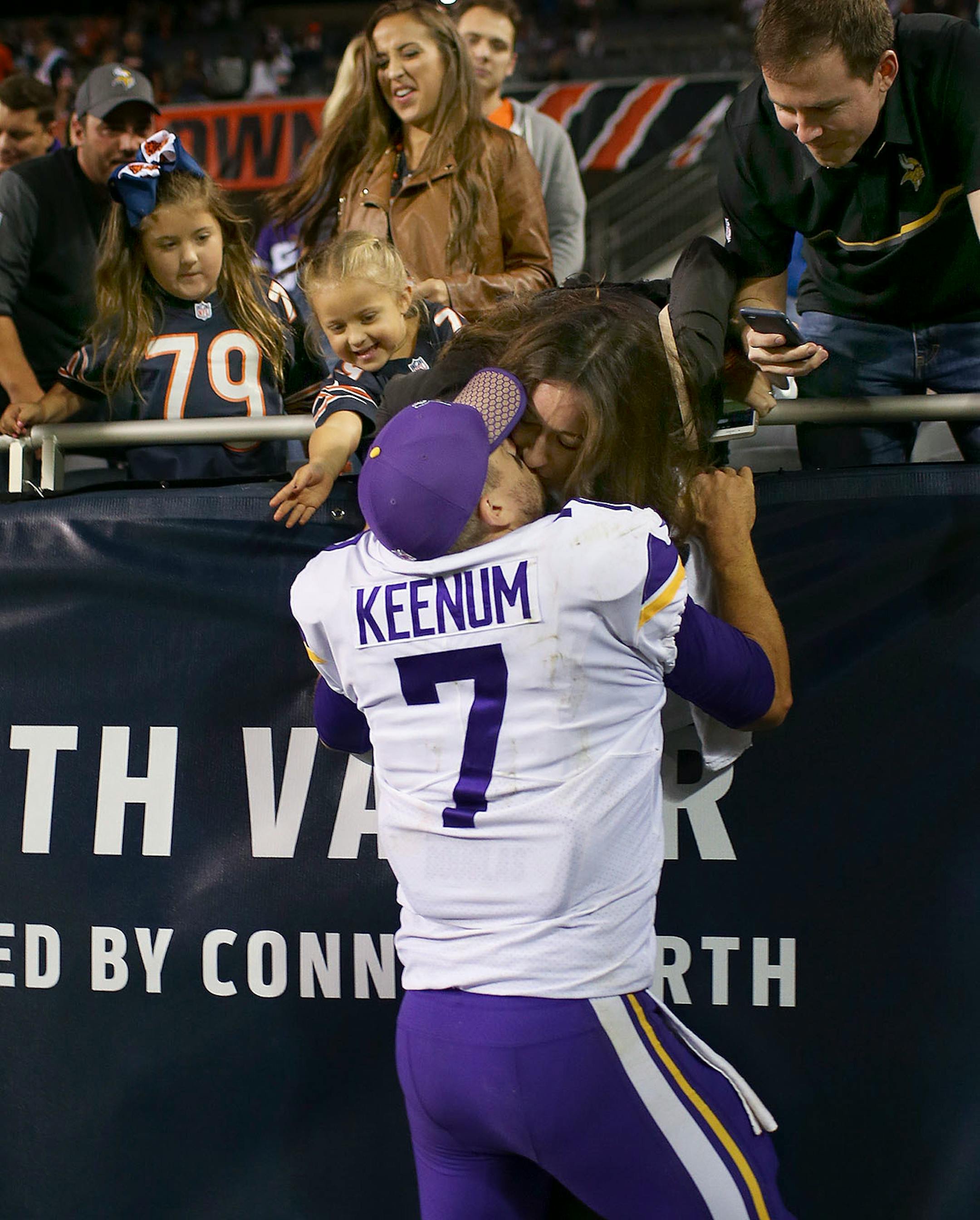 Minnesota Vikings quarterback Case Keenum ran first to family in the stands before heading off the field after stepping in to lead the Vikings to a 20-17 win over Chicago. ] JEFF WHEELER ï jeff.wheeler@startribune.com The Minnesota Vikings beat the Chicago Bears 20-17 in an NFL Monday Night Football game on October 9, 2017 at Soldier Field in Chicago.
