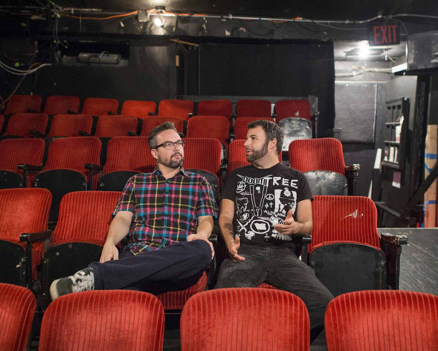 Jeffrey Cranor and Joseph Fink pose in the Kraine Theater, where they met working with the New York Neo-Futurists theater company. After co-writing and performing a play, the pair decided to try a podcast.