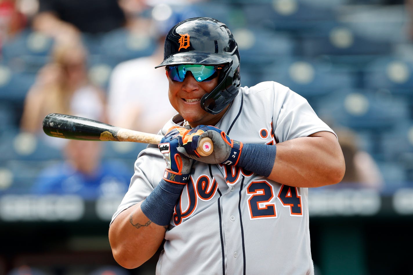 Detroit Tigers' Miguel Cabrera reacts to an inside pitch in the ninth inning of a baseball game against the Kansas City Royals at Kauffman Stadium in Kansas City, Mo., Sunday, July 25, 2021. (AP Photo/Colin E. Braley)