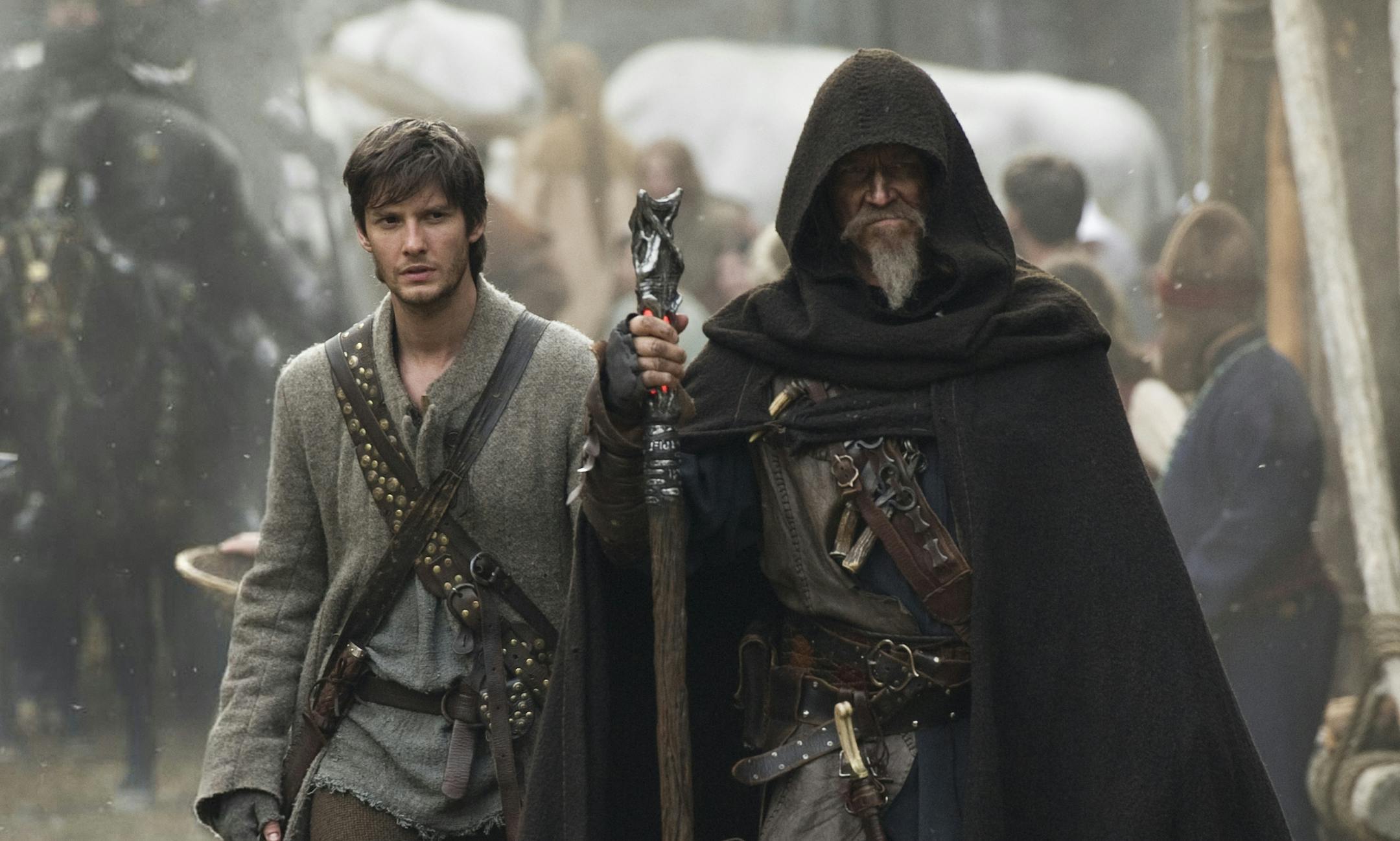 This image released by Universal Pictures shows Ben Barnes, left, and Jeff Bridges in a scene from "Seventh Son." (AP Photo/Legendary Pictures and Universal Pictures)