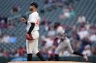 Twins starter Pablo López waits for a new baseball as Yankees slugger Aaron Judge trots around the bases after a first-inning, 467-foot home run to l