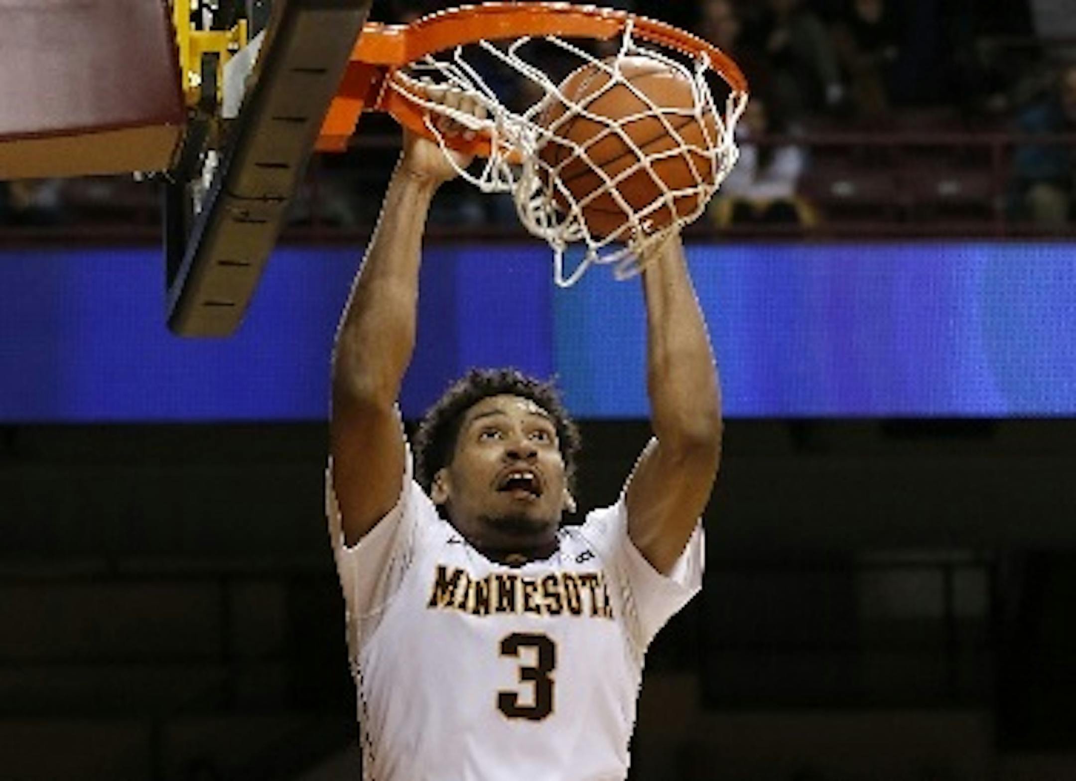 Gophers freshman forward Jordan Murphy dunked during the second half of Minnesota's 89-83 victory over Clemson at Williams Arena on Monday night. Murphy finished with 24 points and 10 rebounds.