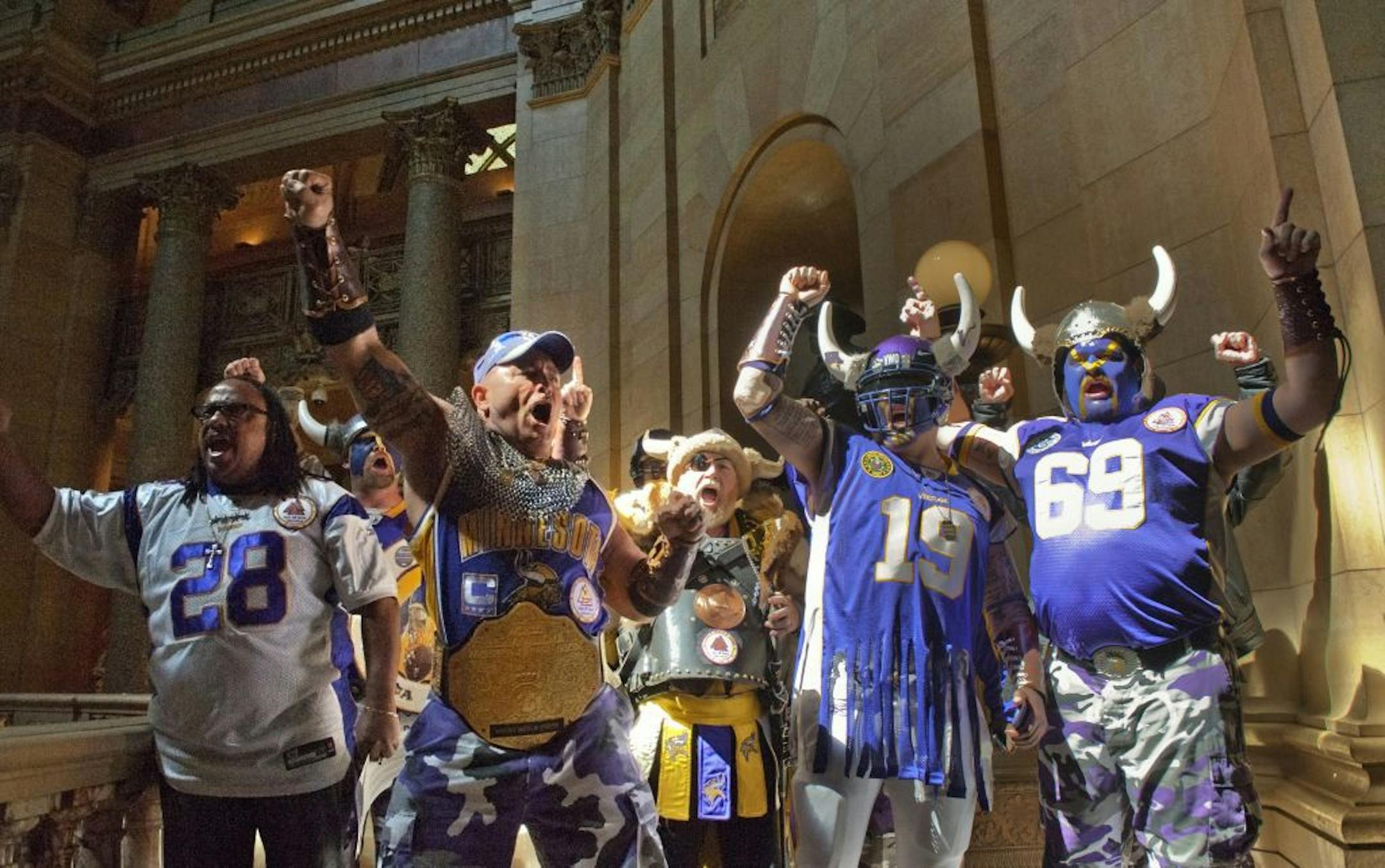 Purple-clad Vikings fans roamed the halls of the Capitol Thursday trying to drum up support for the stadium bill. They sang Skol Vikings outside the House chamber and then watched the proceedings from the House gallery.