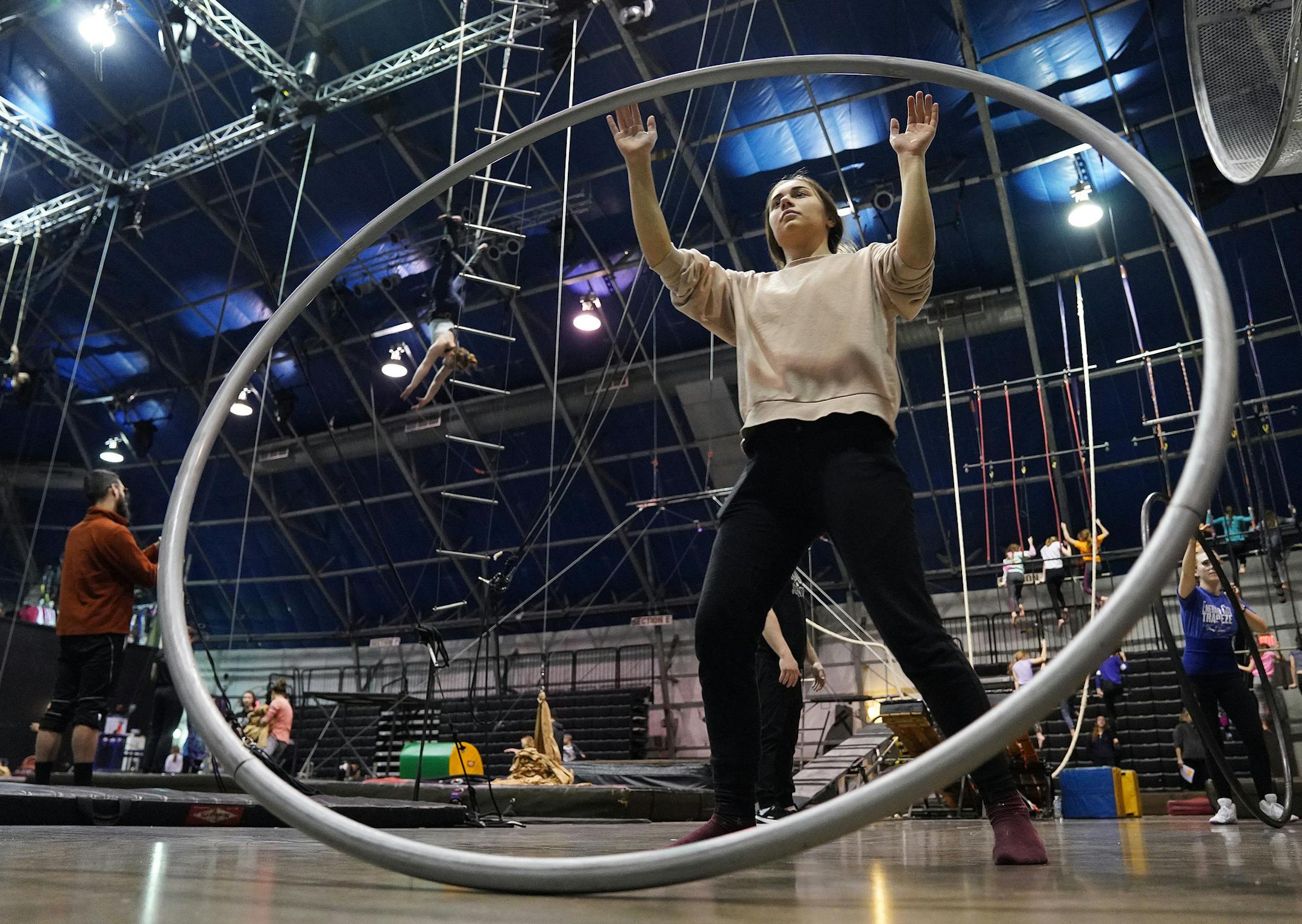 Hannah Kleemayer of Germany practiced with a Cyr Wheel Friday afternoon in St. Paul. ] ANTHONY SOUFFLE • anthony.souffle@startribune.com Students from Germany practiced along with Circus Juventas students at the performing arts circus school as part of a two week long exchange program Friday, Feb. 28, 2020 in St. Paul, Minn.