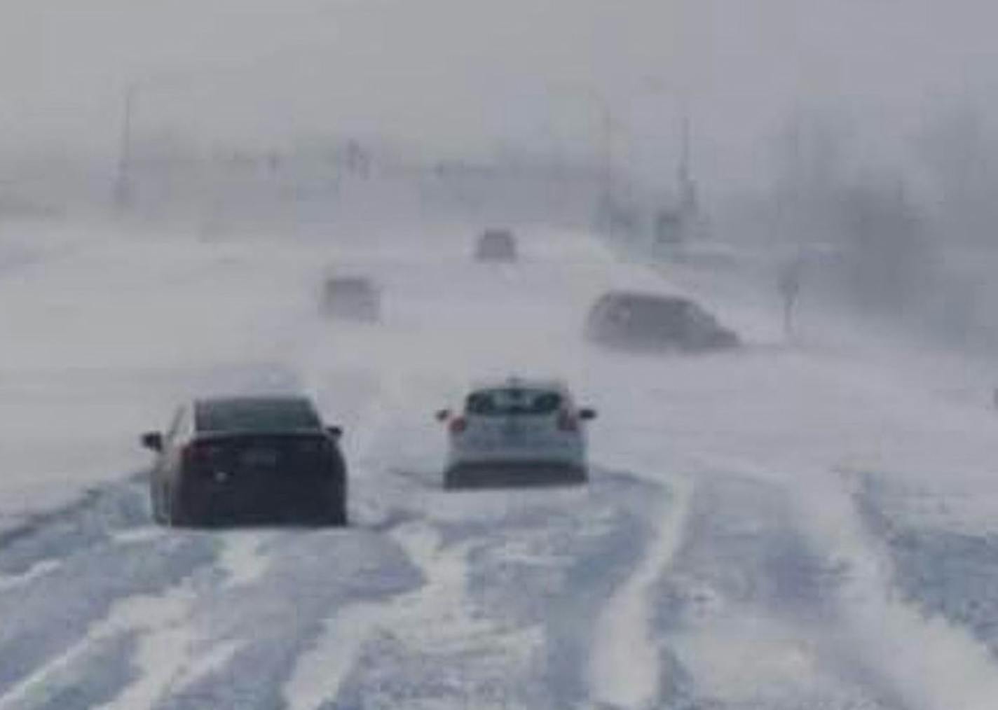 Per MNDOT, photo shows cars stuck in the snow on Hwy 14 in southeast Minnesota Sunday morning. credit: MNDOT 2/24/19