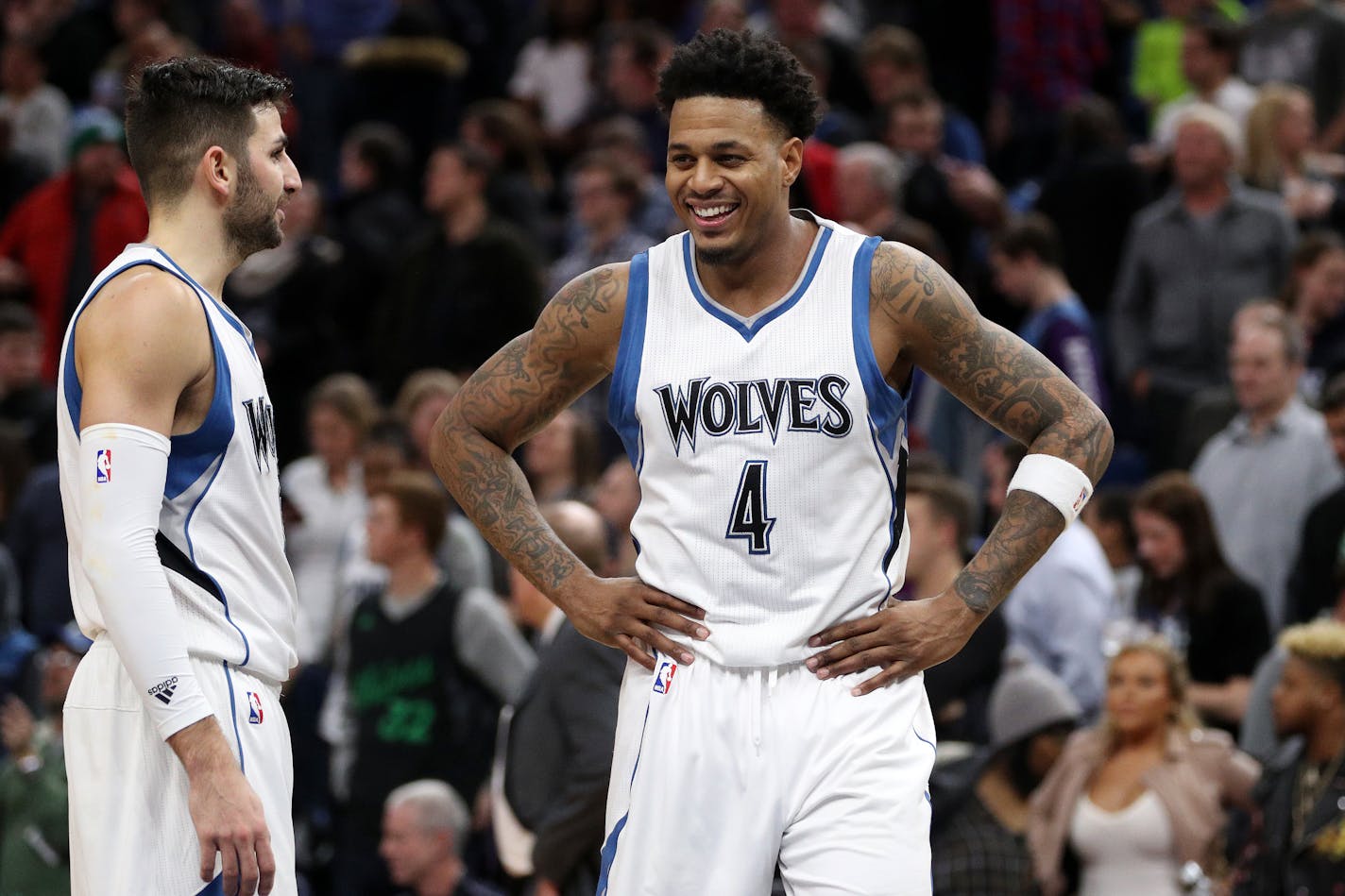 Brandon Rush (4) replaces Zach LaVine as starter in a reconfigured rotation where Wolves coach Tom Thib­odeau likely will play two point guards together and need Shabazz Muhammad to pick up LaVine's missing scoring with the team's second unit.