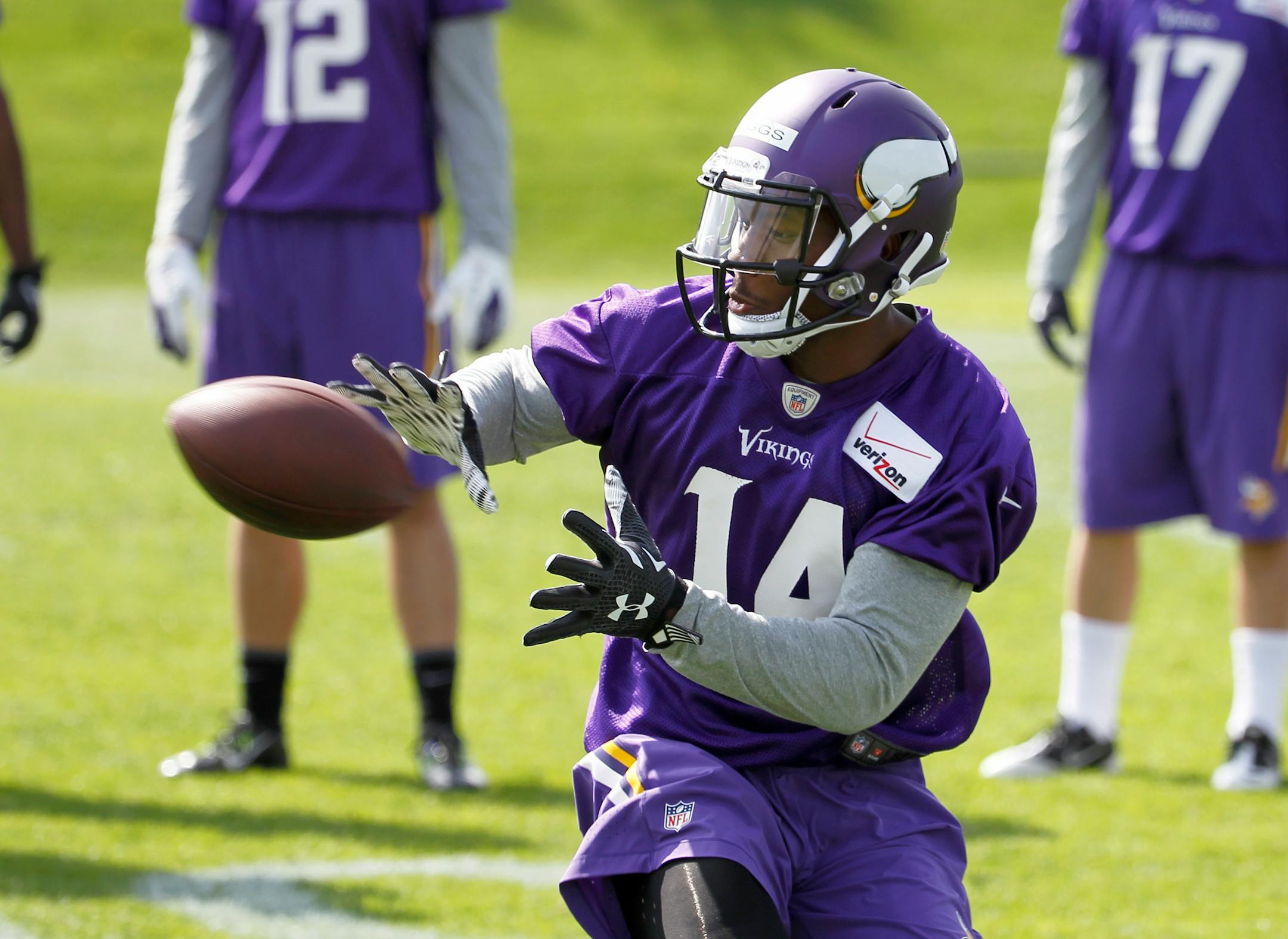 Minnesota Vikings wide receiver Stephon Diggs catches a pass during NFL football rookie minicamp Friday, May 8, 2015, in Eden Prairie, Minn. The Vikings signed all 10 rookies from the class of 2015 to contracts before the first minicamp opened on Friday. (AP Photo/Ann Heisenfelt)