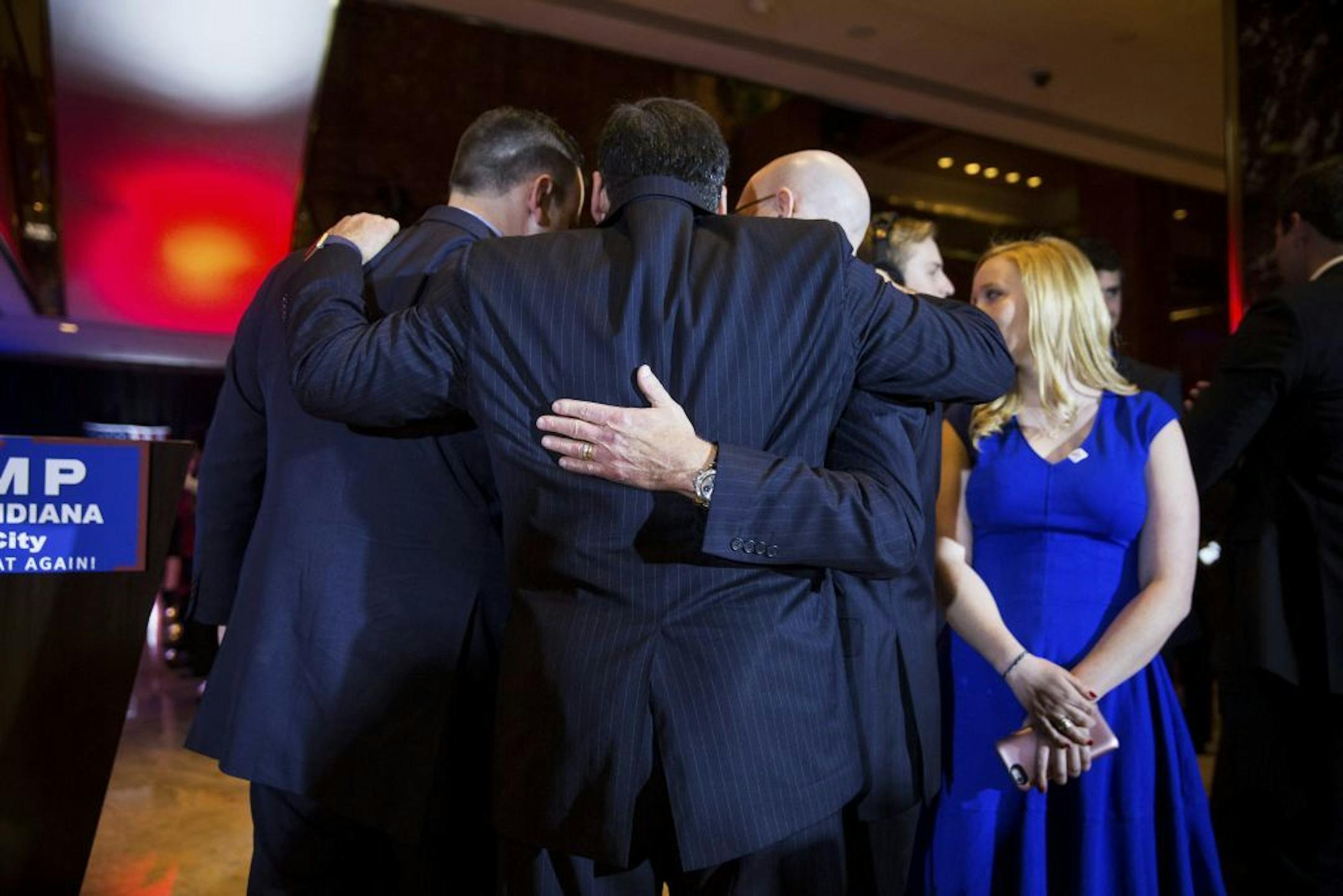 Members of Donald Trump's campaign staff celebrated Tuesday night in New York after Ted Cruz announced he is withdrawing from the presidential race.