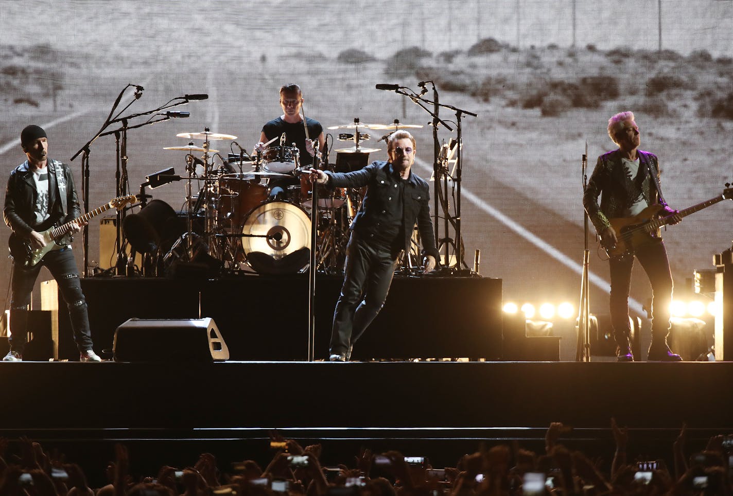 Bono, at center, the Edge, left, Larry Mullen Jr. on drums and Adam Clayton brought U2's Joshua Tree 2017 Tour to U.S. Bank Stadium in Minneapolis on Friday.