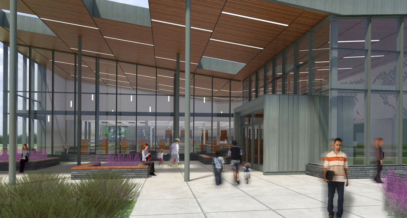 Brooklyn Park library, entrance, provided rendering