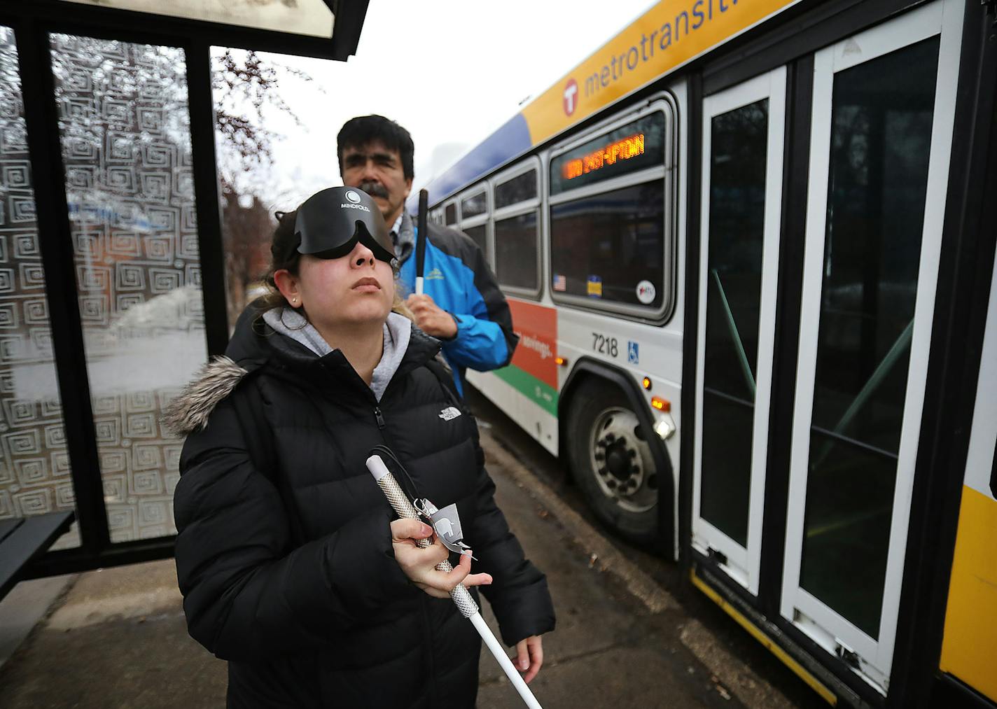 Through a class at Blind, Inc. Angie Castro, 30, who is blind, is learning to navigate Minneapolis, including crossing busy streets around Blind, Inc. headquarters, near the Minneapolis Art Institute. Castro, wearing sleep shades, was out with Mark Erickson, cane travel instructor, familiarizing herself with the city and bus routes Thursday, March 5, 2020, in Minneapolis, MN.] DAVID JOLES &#x2022; david.joles@startribune.com It can take some time for people who are blind or have recently lost th