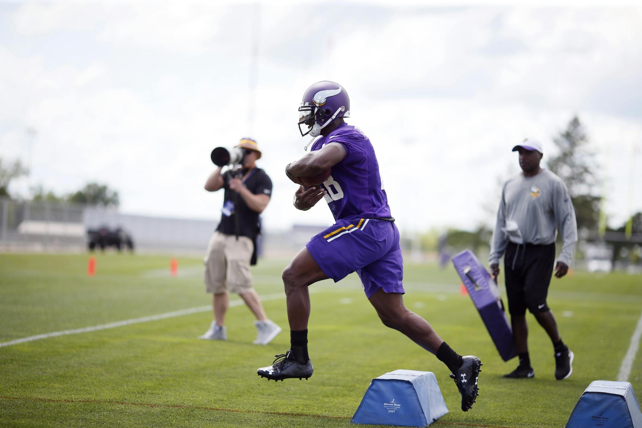Adrian Peterson worked on running back drills during practice at Minnesota State University Vikings training camp Sunday July 26, 2015 in Mankato, MN.