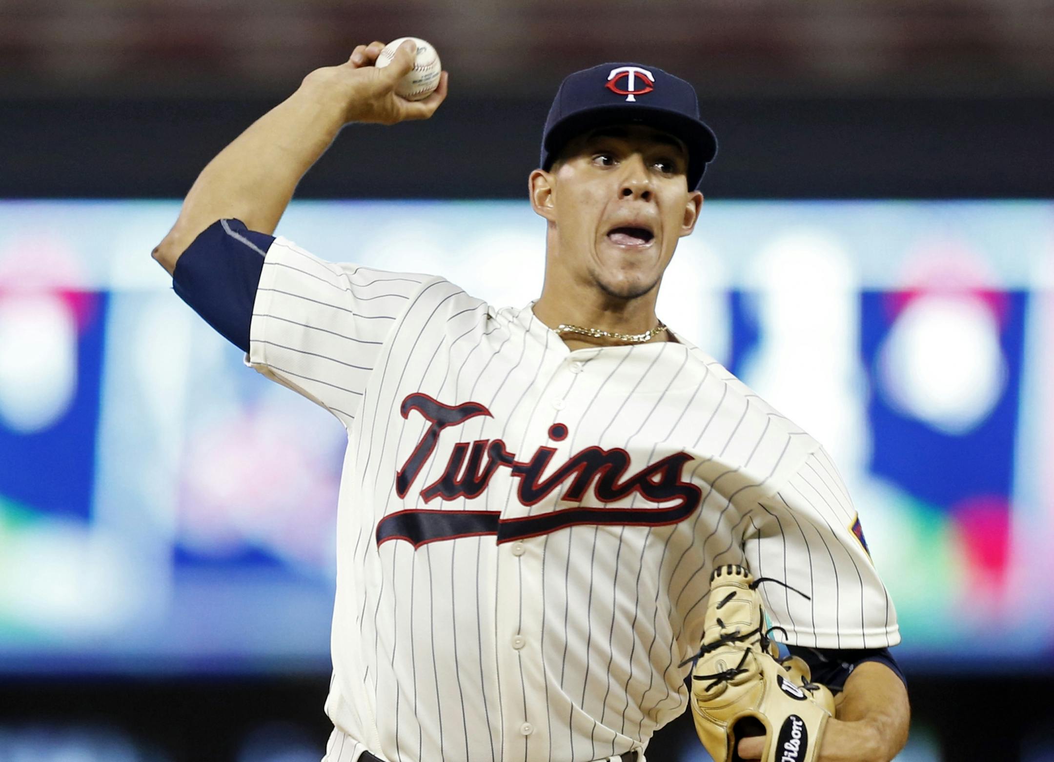 Minnesota Twins pitcher Jose Berrios throws against the Detroit Tigers in the first inning of a baseball game Wednesday, Sept. 21, 2016, in Minneapolis.