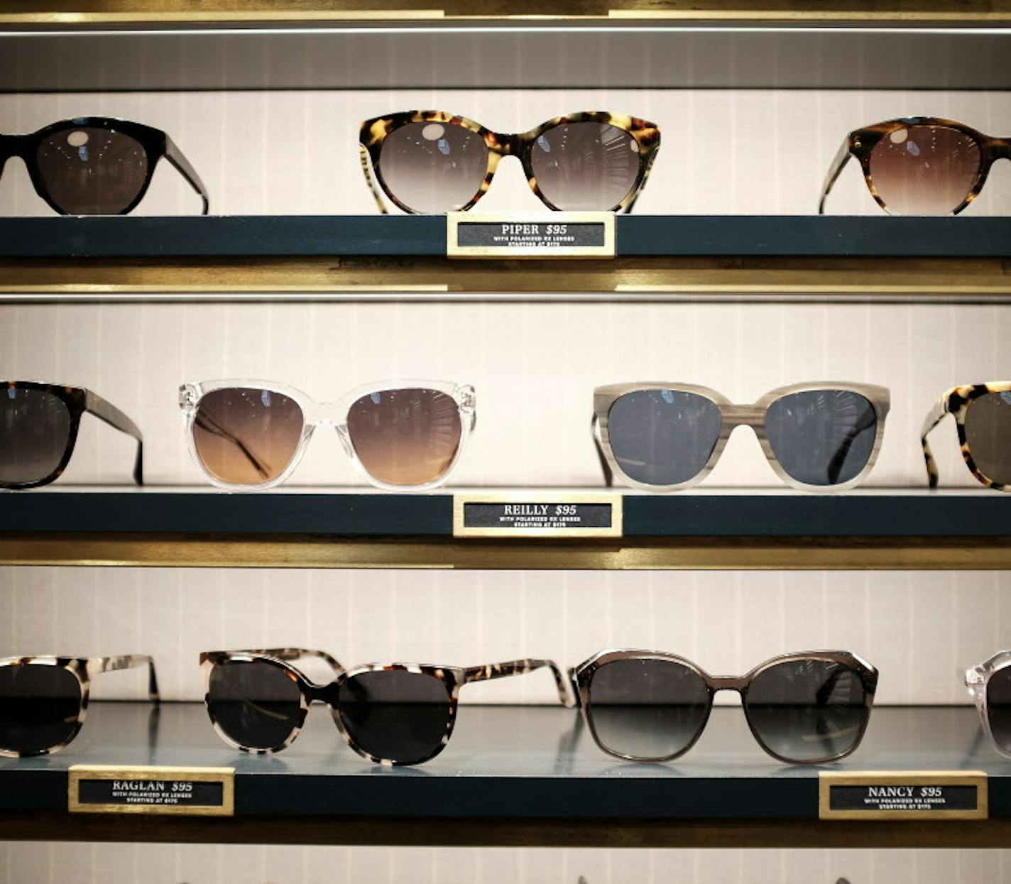 Sunglasses on display at Warby Parker inside Askov Finlayson.