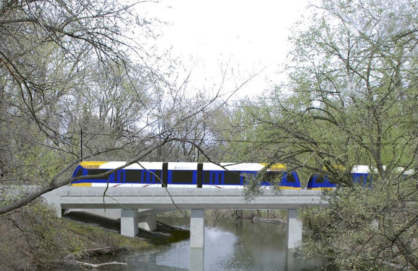 A rendering of the Southwest Light Rail train passing through the Kenilworth Lagoon.