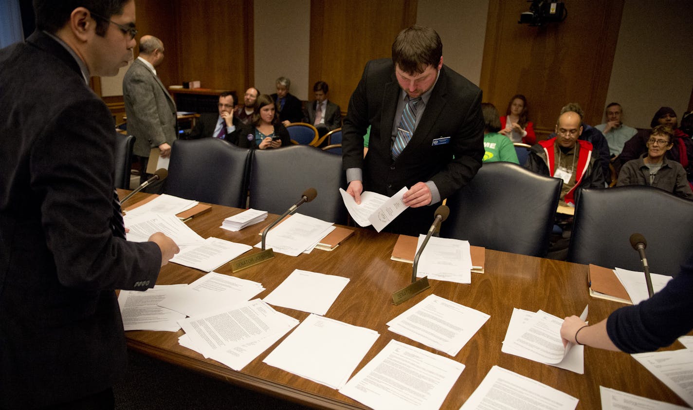 Staffers organized all the various letters and testimony from speakers testifying about the possible unionization of home-based daycare providers and home care workers. The bill could add more than 20,000 child-care and home-care workers to union ranks. Monday, March 4, 2013. ] GLEN STUBBE * gstubbe@startribune.com