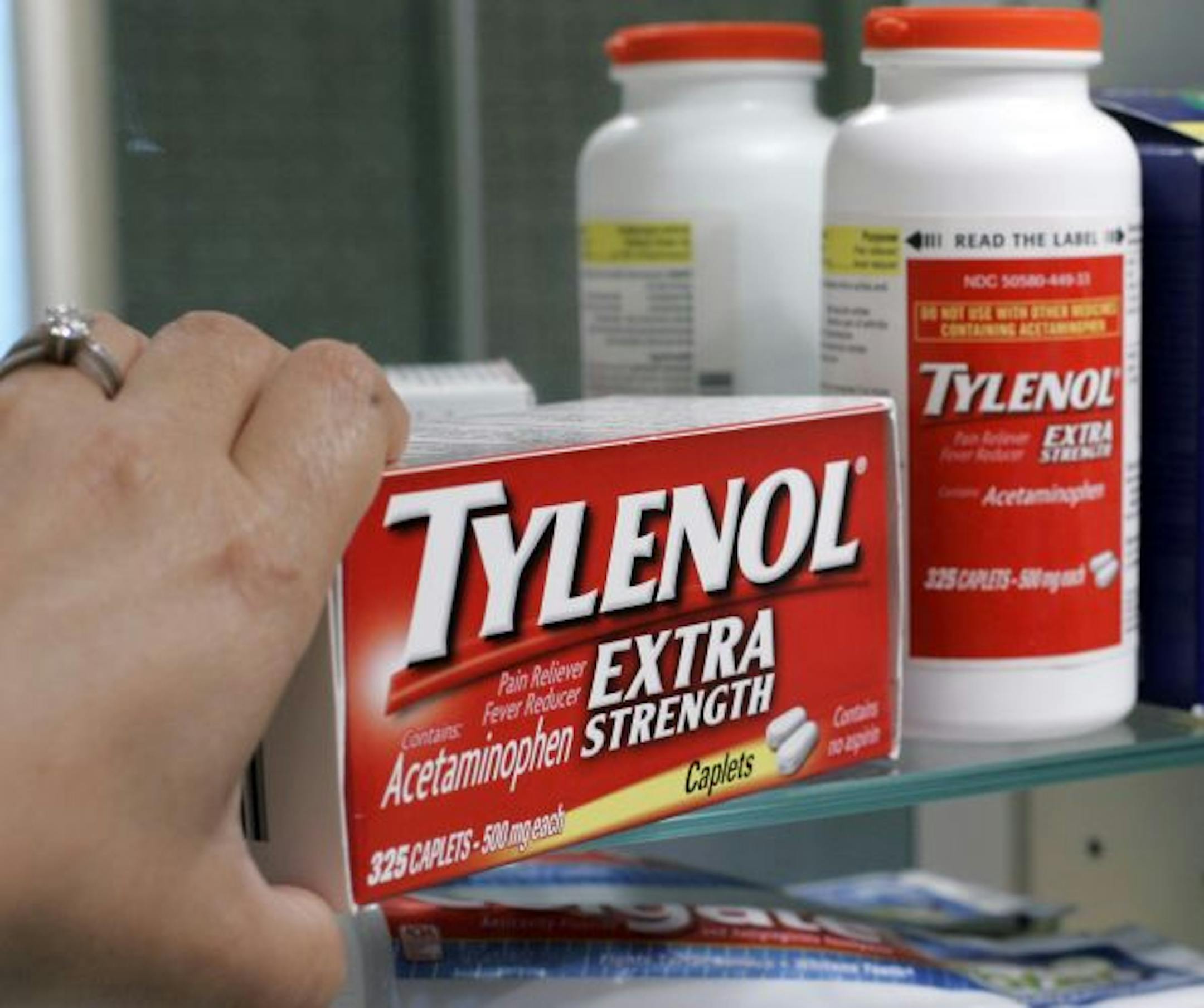 FILE - In this June 30, 2009 file photo, Tylenol Extra Strenth is shown in a medicine cabinet at a home in Palo Alto, Calif. Johnson & Johnson is expanding a recall of over-the-counter drugs Thursday, July 8, 2010, including Tylenol and Motrin IB because of a musty or moldy smell.