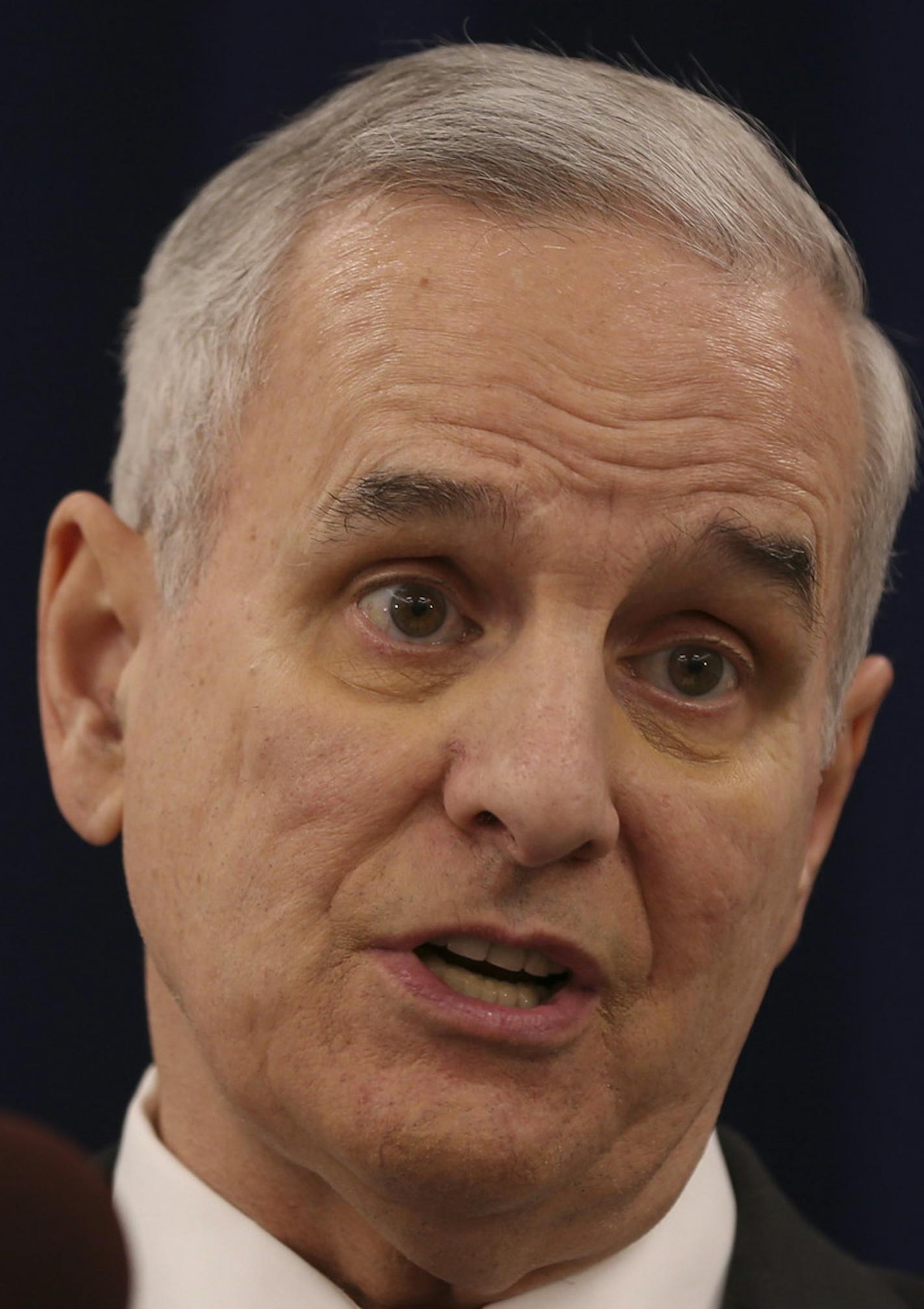 Gov. Mark Dayton during his news conference Thursday afternoon in the Veterans Service Building in St. Paul. ] JEFF WHEELER &#xef; jeff.wheeler@startribune.com Gov. Mark Dayton held a news conference Thursday, March 3, 2016 to comment on the decision by the State of Minnesota that the 10-year environmental review of Minnesota's first proposed copper nickel mine is adequate, clearing the way fro the next critical steps in PolyMet's $650 million project &#xf1; setting financial assurance and permi