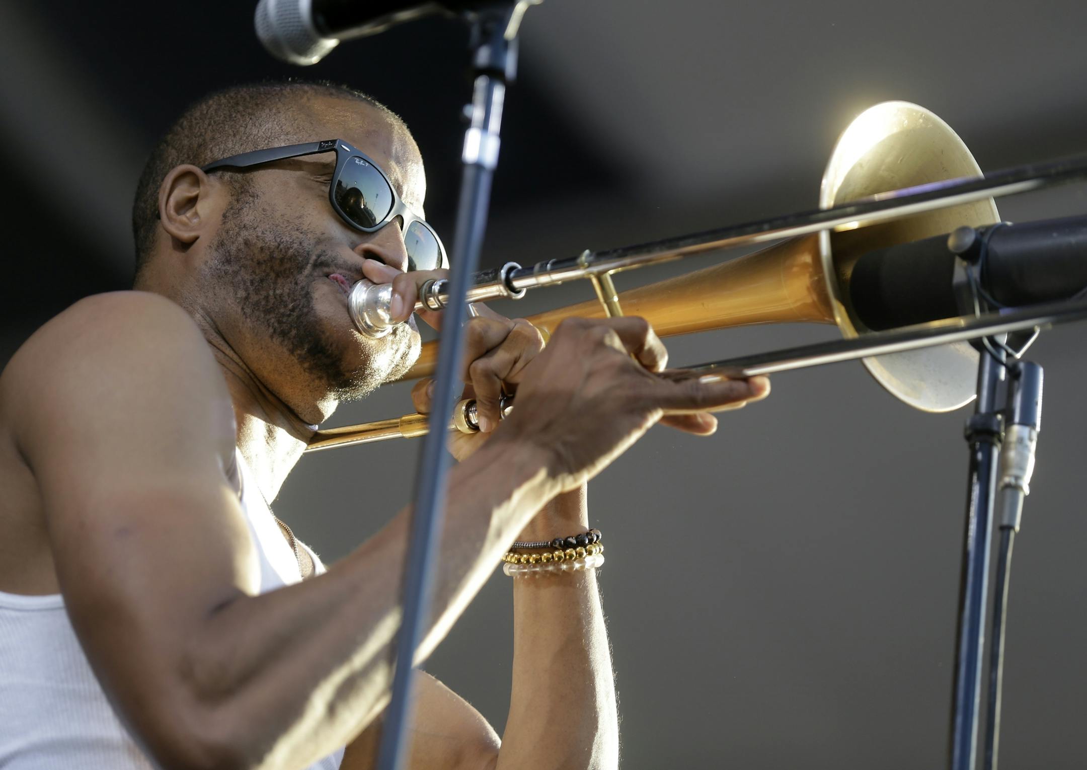 Trombone Shorty performs at the New Orleans Jazz and Heritage Festival in New Orleans, Sunday, May 3, 2015. (AP Photo/Gerald Herbert)