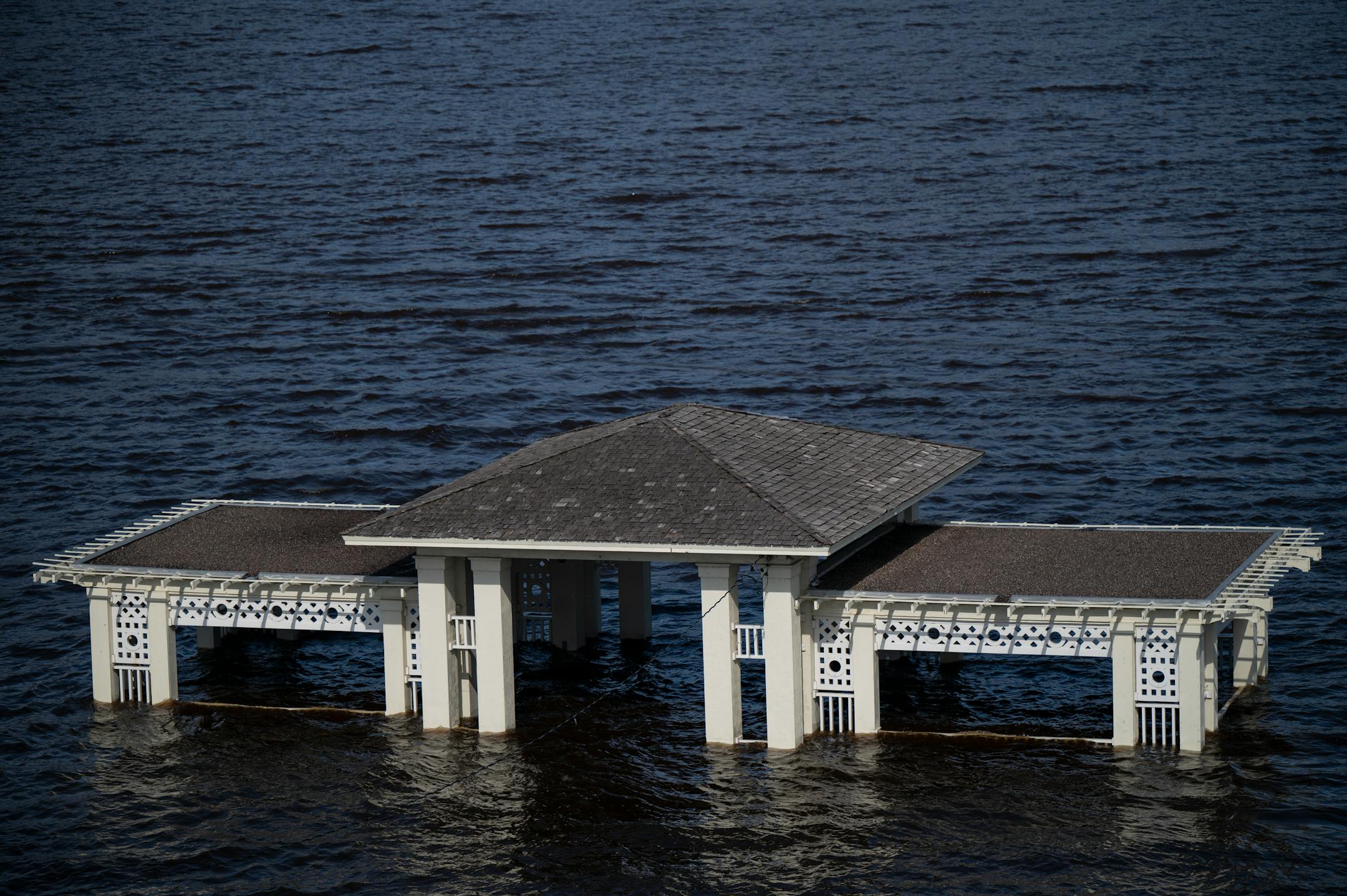 The Lowell Park Gazebo is flooded by the St. Croix River Monday, April 17, 2023 in Stillwater, Minn.