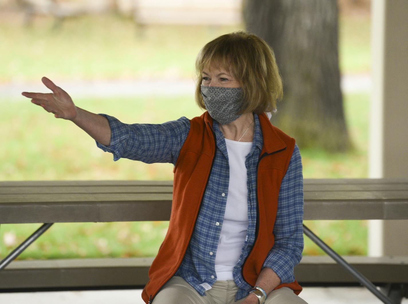 U.S. Sen. Tina Smith, D-Minn., speaks to a gathering of people at the Waite Park Community Pavilion Saturday, Sept. 26, 2020, in Waite Park, Minn.